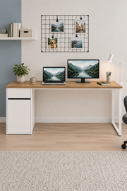 Çam/Beyaz Kesonlu, Çekmeceli Kapaklı 160 Cm Çalışma Masası, Bilgisayar Masası, Ofis Masası, Metal Ayaklı, Raflı