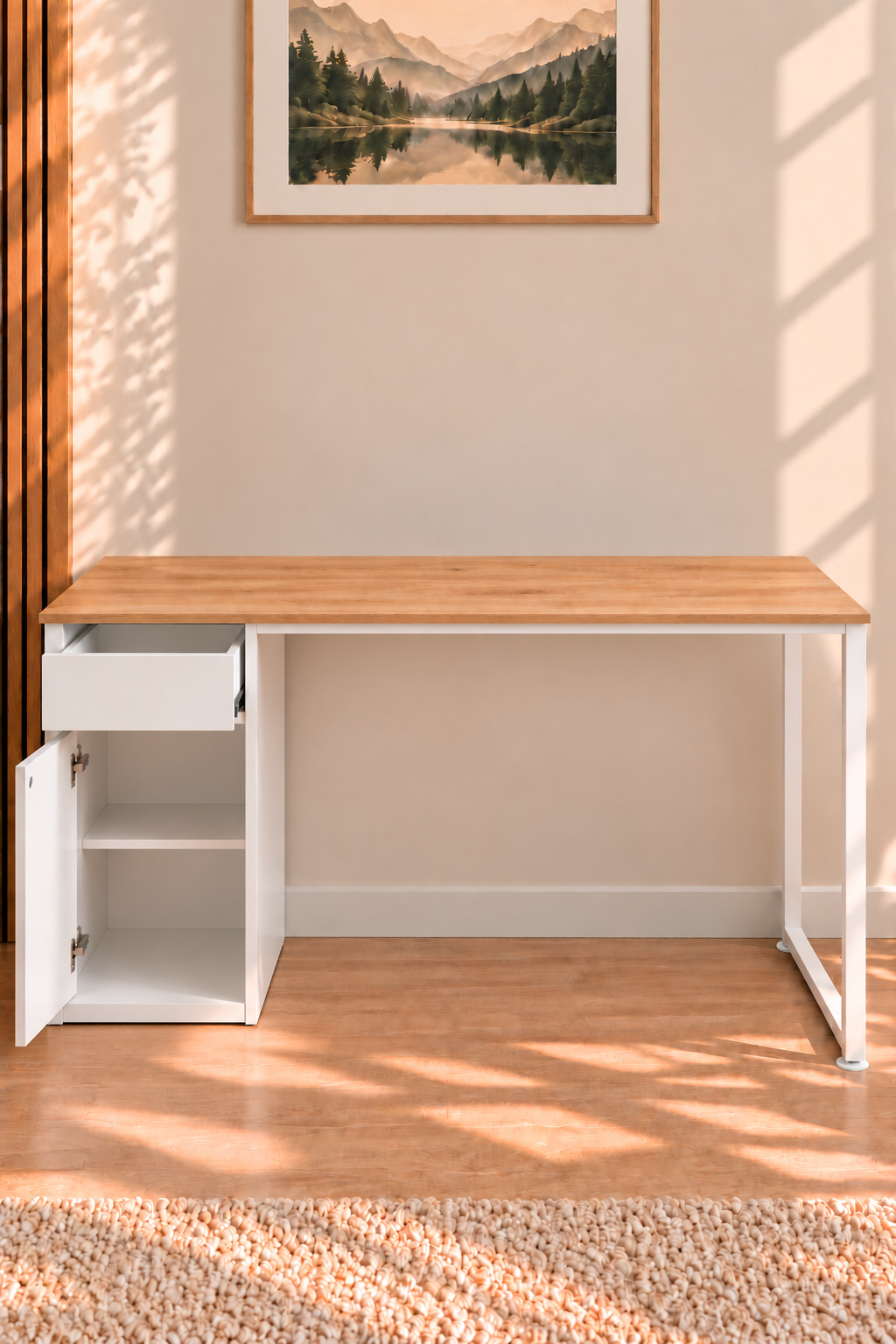 Çam/Beyaz Kesonlu, Çekmeceli Kapaklı 120 Cm Çalışma Masası, Bilgisayar Masası, Ofis Masası, Metal Ayaklı, Raflı