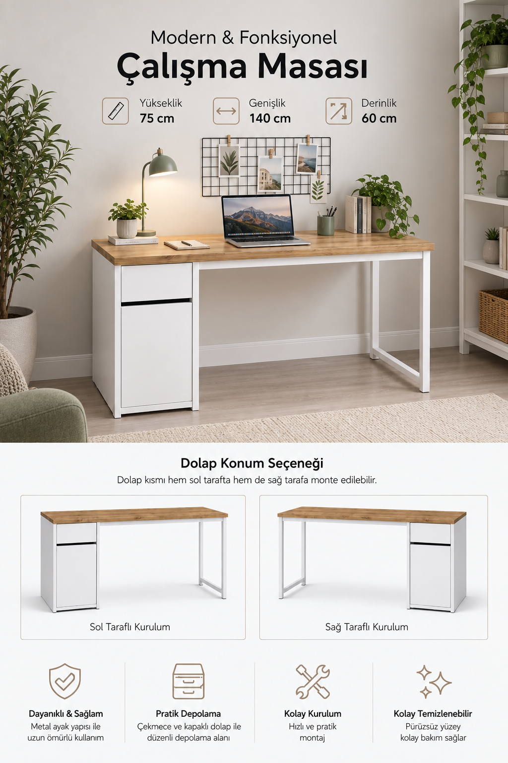 Çam/Beyaz Kesonlu, Çekmeceli Kapaklı 140 Cm Çalışma Masası, Bilgisayar Masası, Ofis Masası, Metal Ayaklı, Raflı