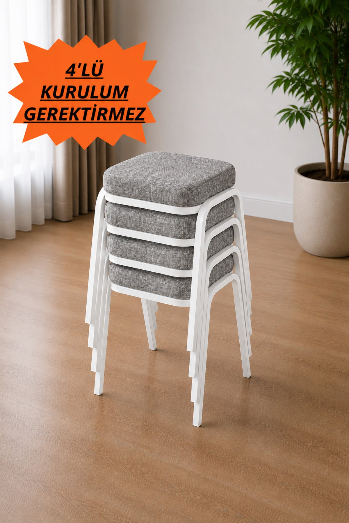 4 ADET Beyaz Metal Ayaklı Boyalı Tabure ,Sert Süngerli (Çökme Yapmaz), 3 Cm Süngerli, Kumaşlı