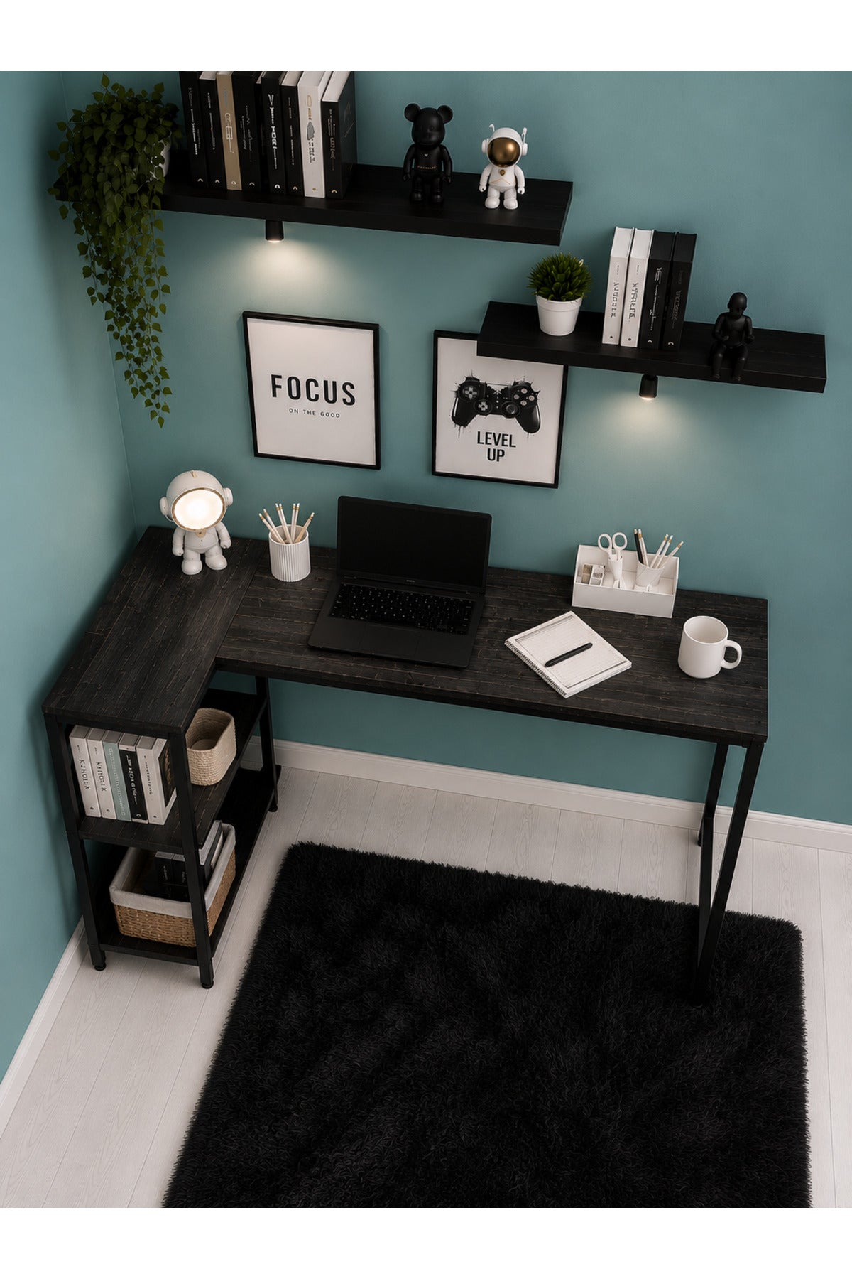 Siyah L Masa, Kitaplıklı, Raflı, 120 Cm Çalışma Masası, Bilgisayar, Pc, Oyuncu, Gaming Masası Metal Ayaklı
