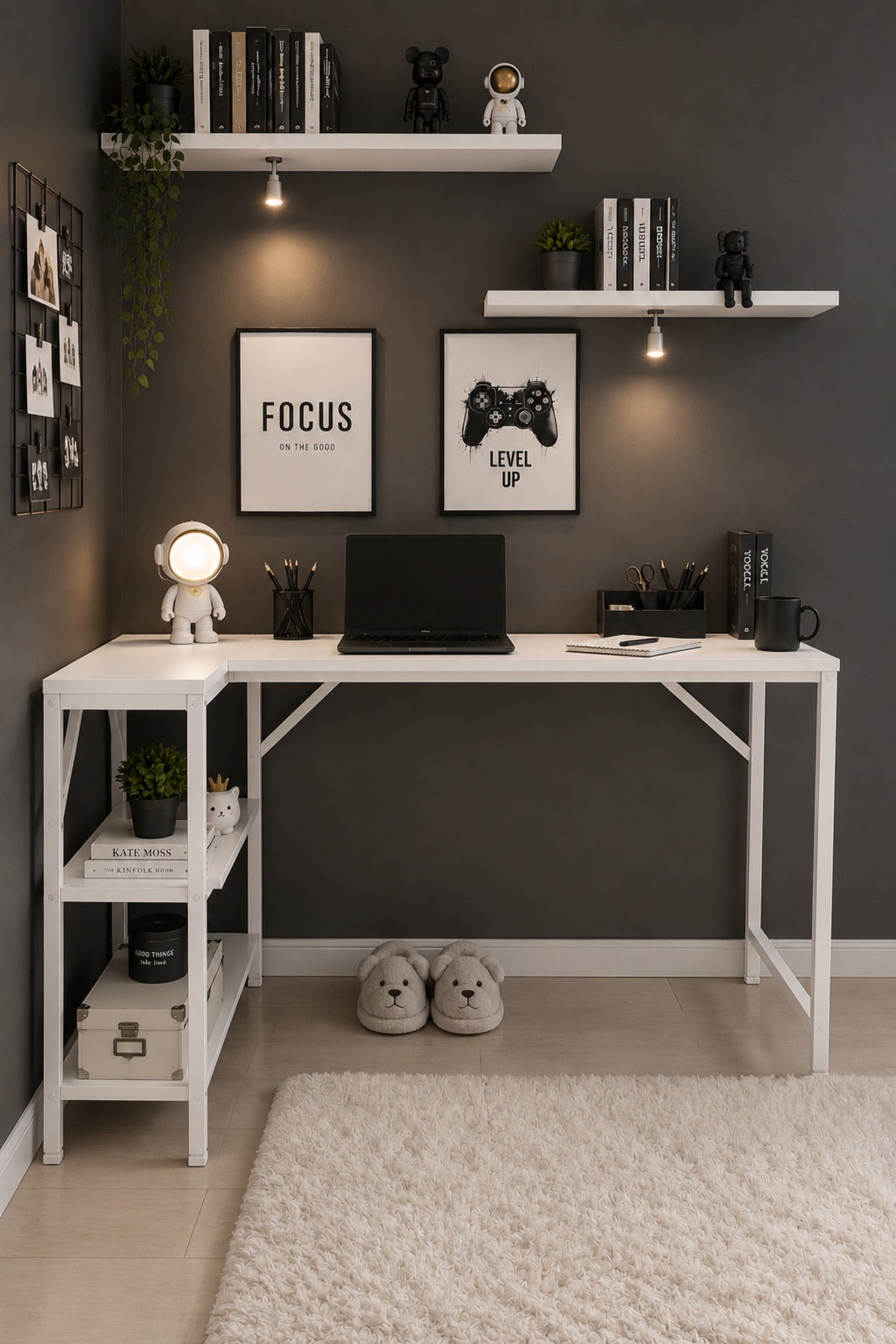 Beyaz L Masa, Kitaplıklı, Raflı, 120 Cm Çalışma Masası, Bilgisayar, Pc, Oyuncu, Gaming Masası Metal Ayaklı