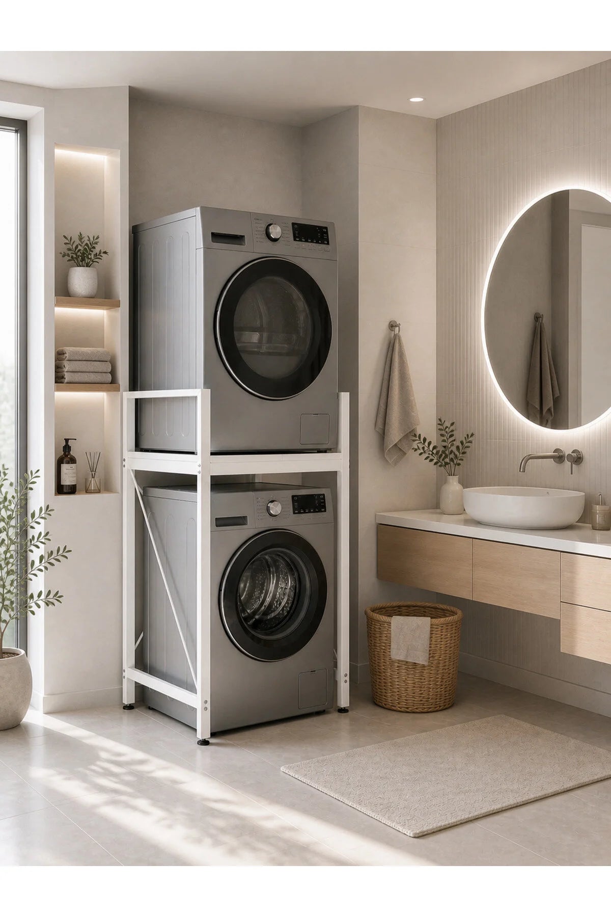 Lifos Beyaz Raflı Çamaşır Makinesi Dolabı Kurutma Makinesi Dolabı Metal Banyo Dolabı