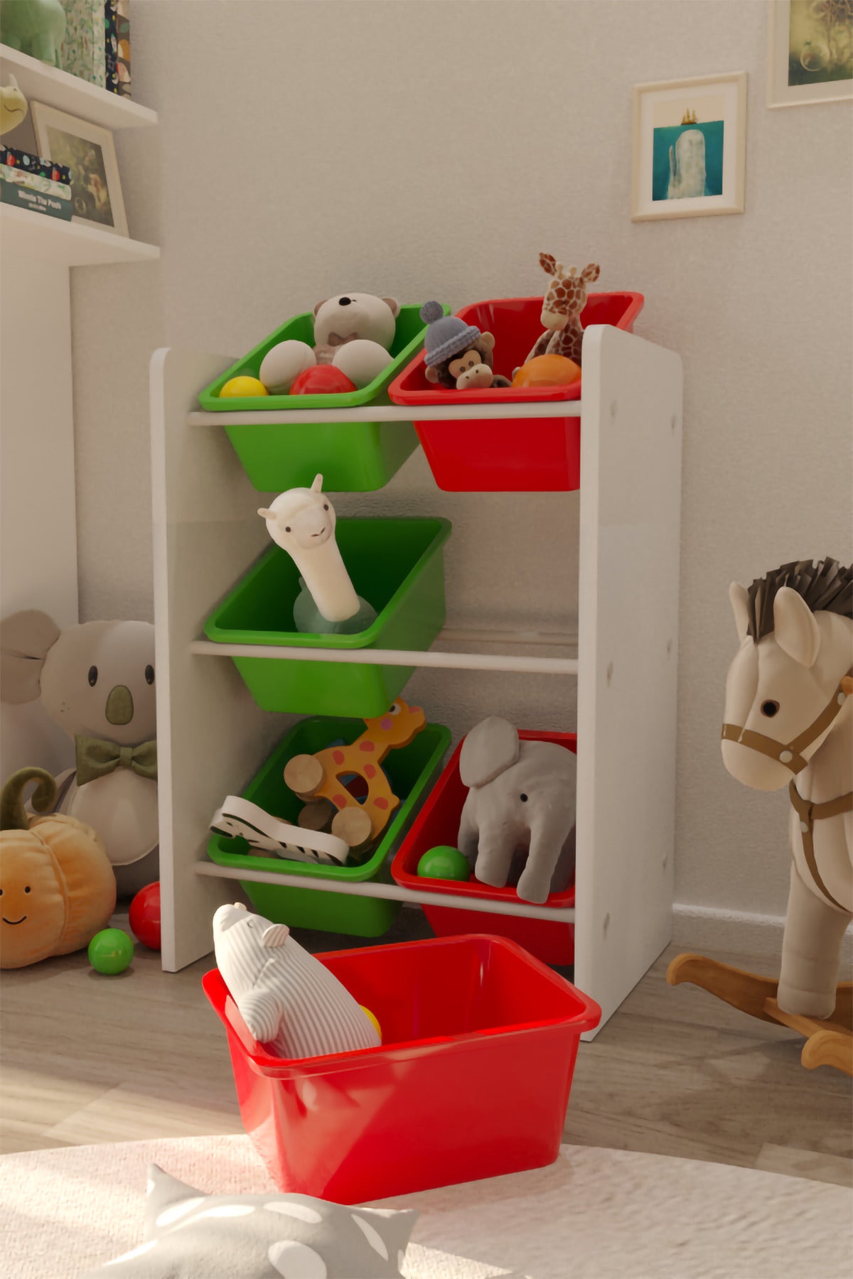 6 Sepetli Yeşil ve Kırmızı Oyuncak Dolabı, Çok Amaçlı Dolap, Montessori Dolap