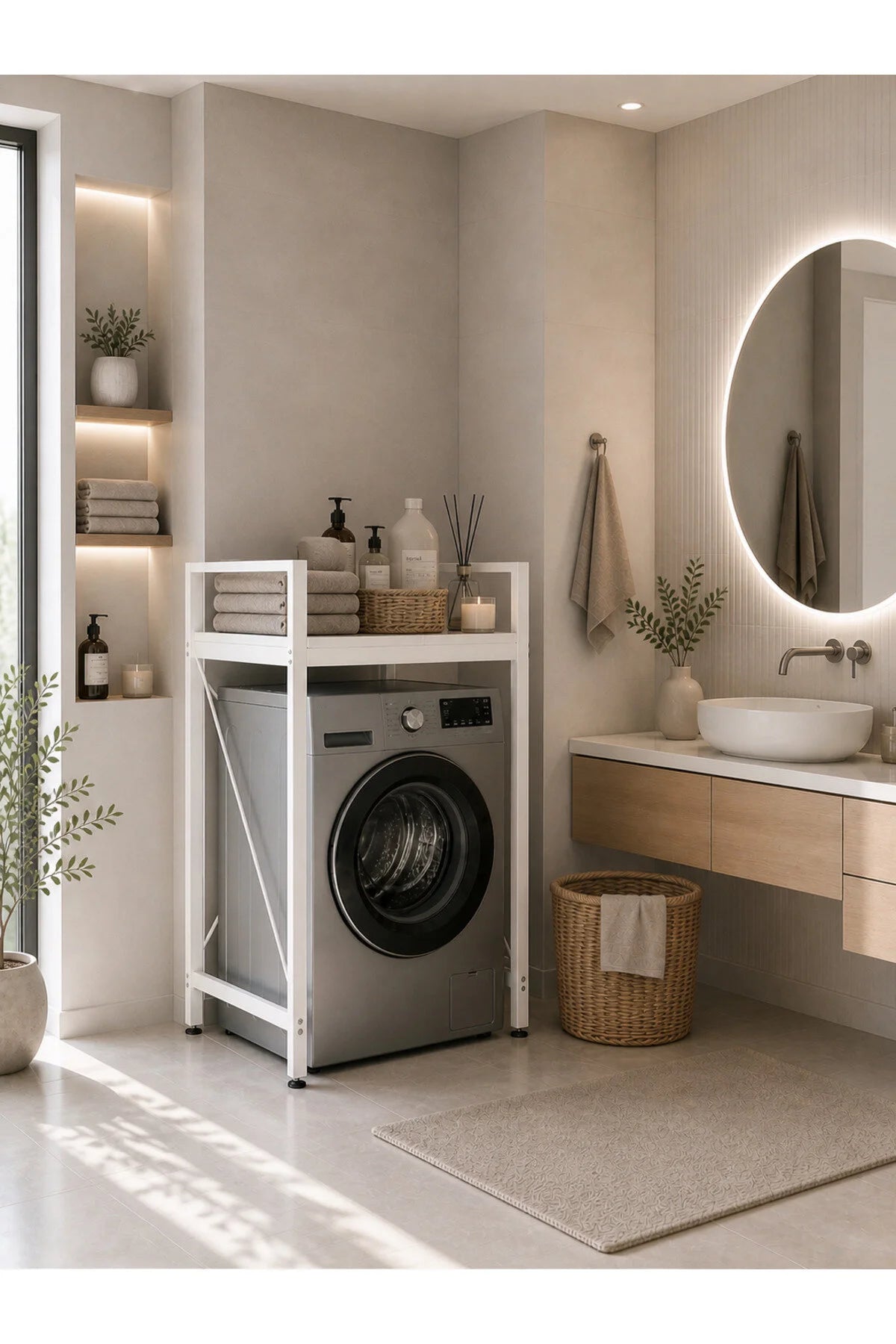 Lifos Beyaz Raflı Çamaşır Makinesi Dolabı Kurutma Makinesi Dolabı Metal Banyo Dolabı