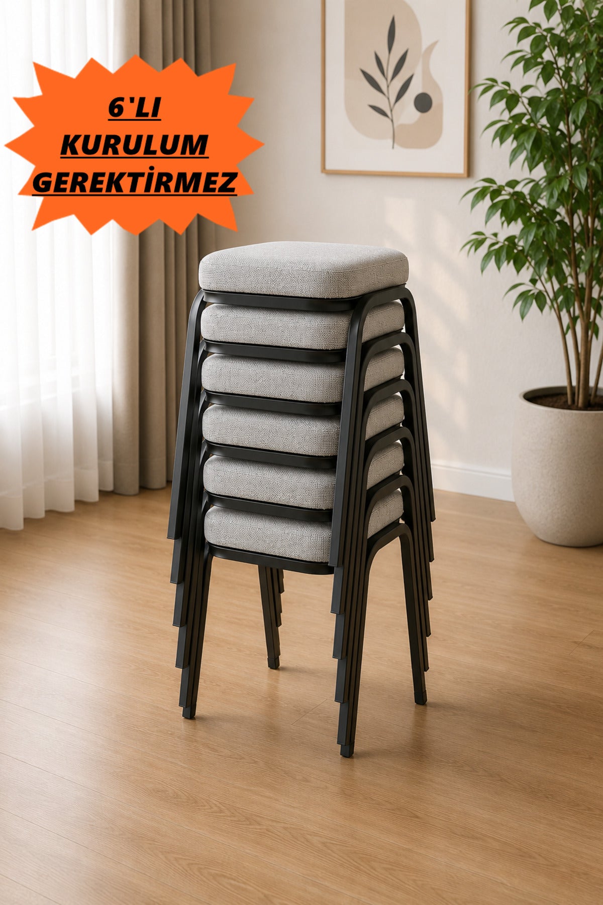 6 ADET Siyah Metal Ayaklı Boyalı Tabure ,Sert Süngerli (Çökme Yapmaz), 3 Cm Süngerli, Kumaşlı