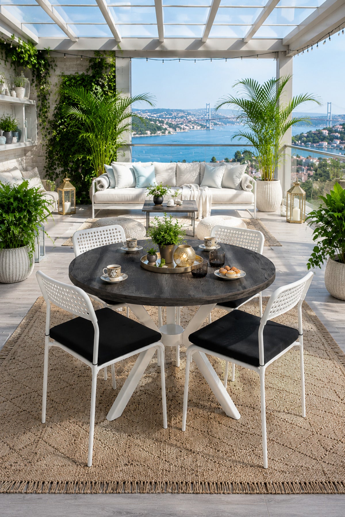 Siyah 4 Kişilik Minderli Balkon Takımı, Balkon Masası, Balkon Sandalyesi, Yuvarlak Masa, Yemek Masası, Mutfak Masa Sandalye Takımı, 4 Sandalye 1 Masa