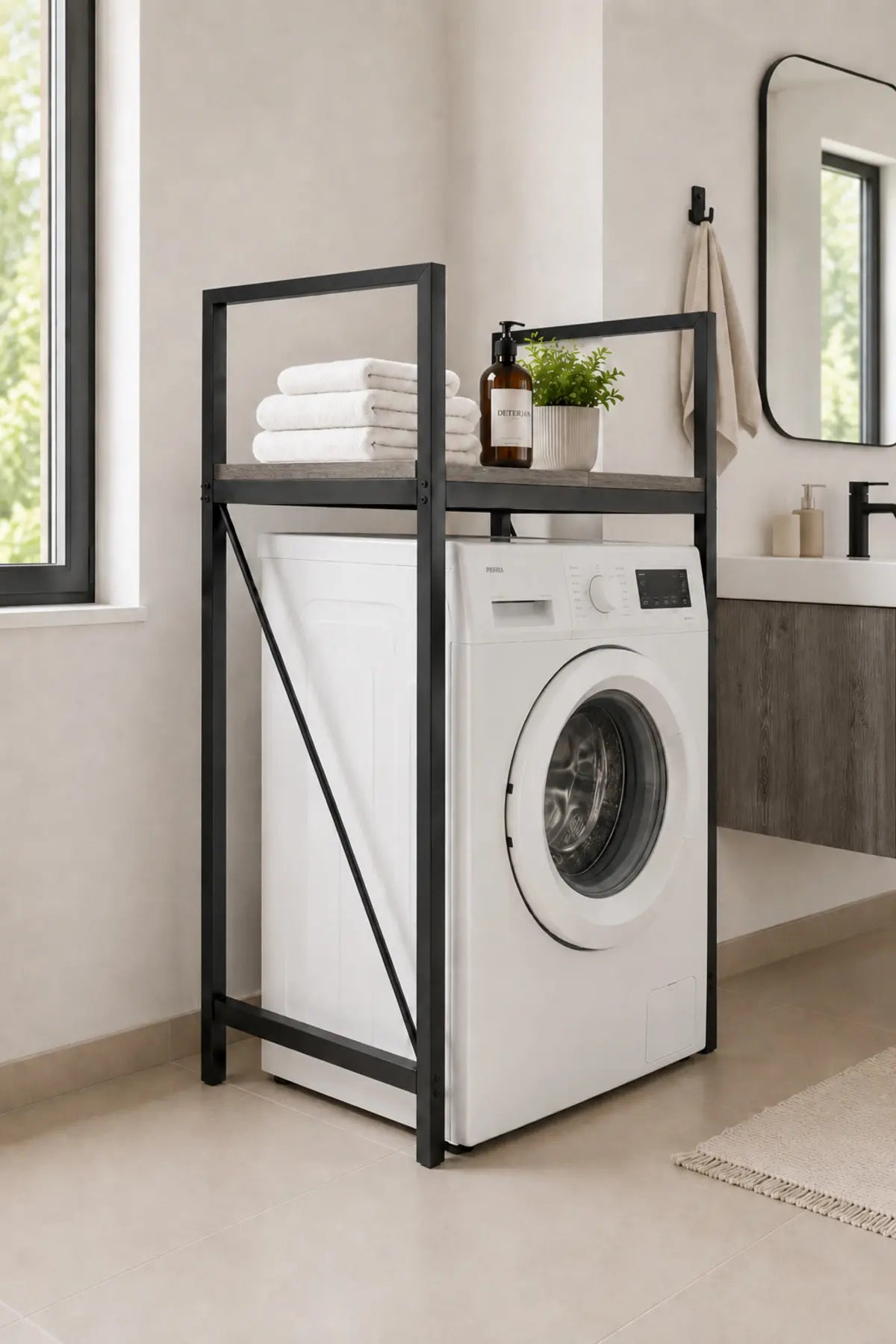 Lifos Siyah Raflı Çamaşır Makinesi Dolabı Kurutma Makinesi Dolabı Metal Banyo Dolabı