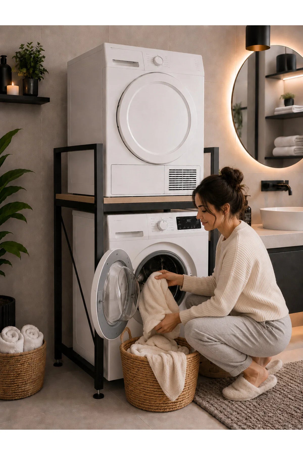 Lifos Çam/Siyah Raflı Çamaşır Makinesi Dolabı Kurutma Makinesi Dolabı Metal Banyo Dolabı