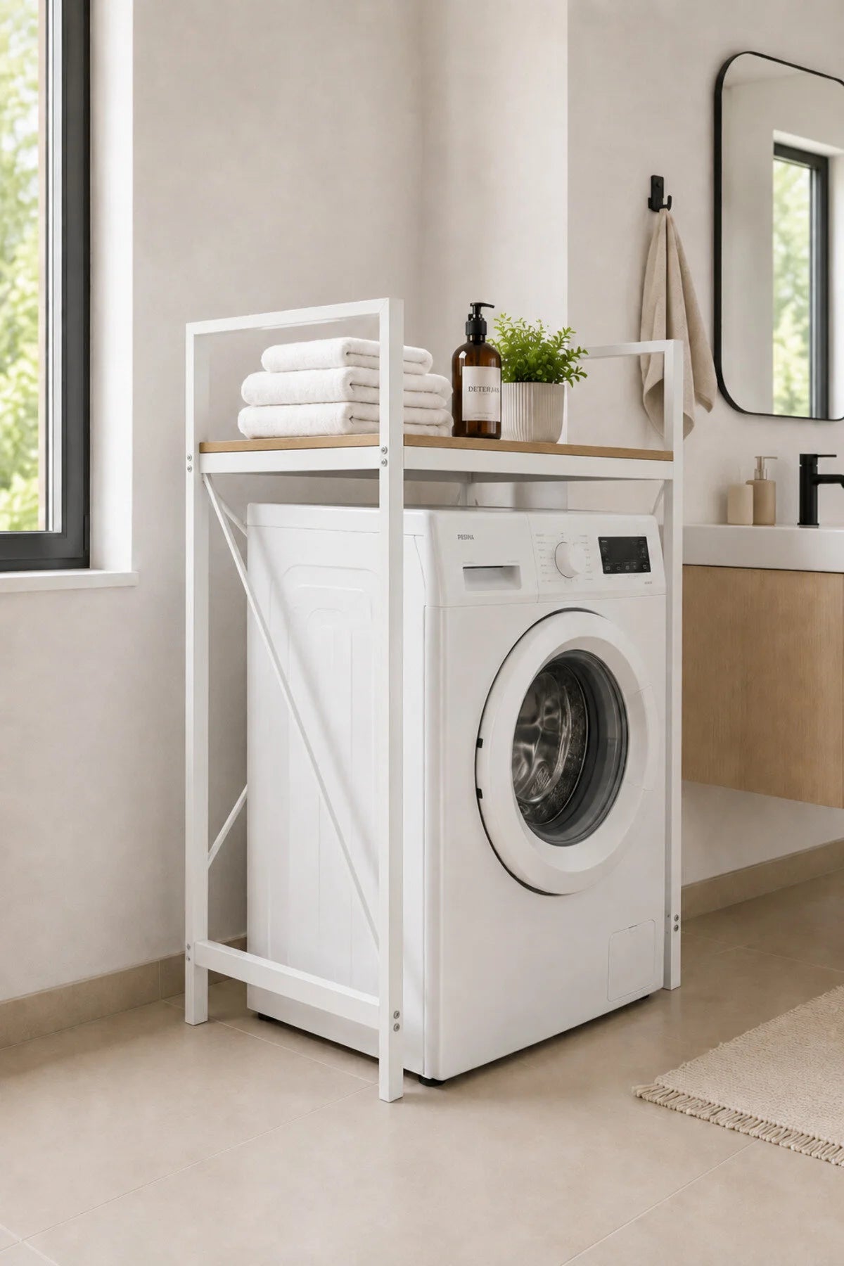 Lifos Çam/Beyaz Raflı Çamaşır Makinesi Dolabı Kurutma Makinesi Dolabı Metal Banyo Dolabı