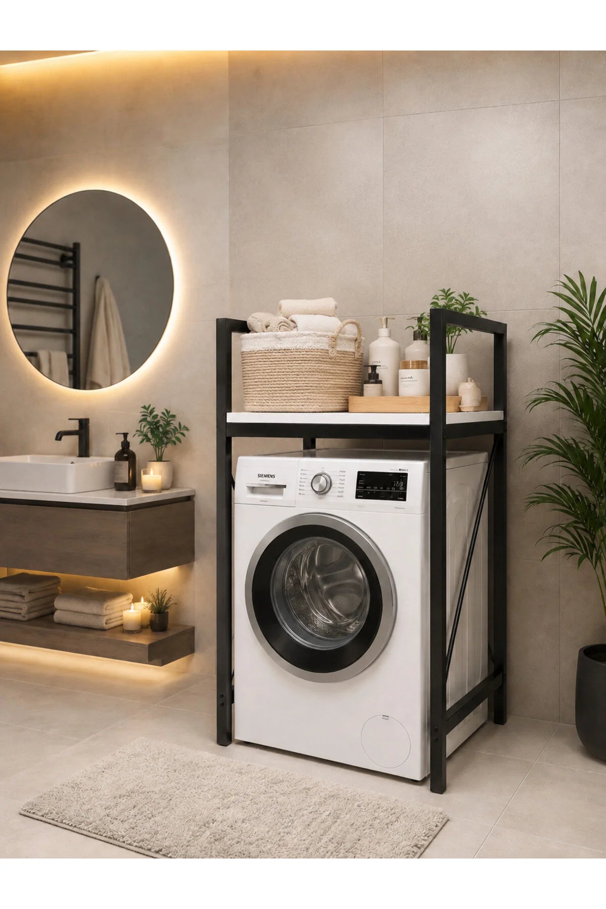Lifos Beyaz/Siyah Raflı Çamaşır Makinesi Dolabı Kurutma Makinesi Dolabı Metal Banyo Dolabı