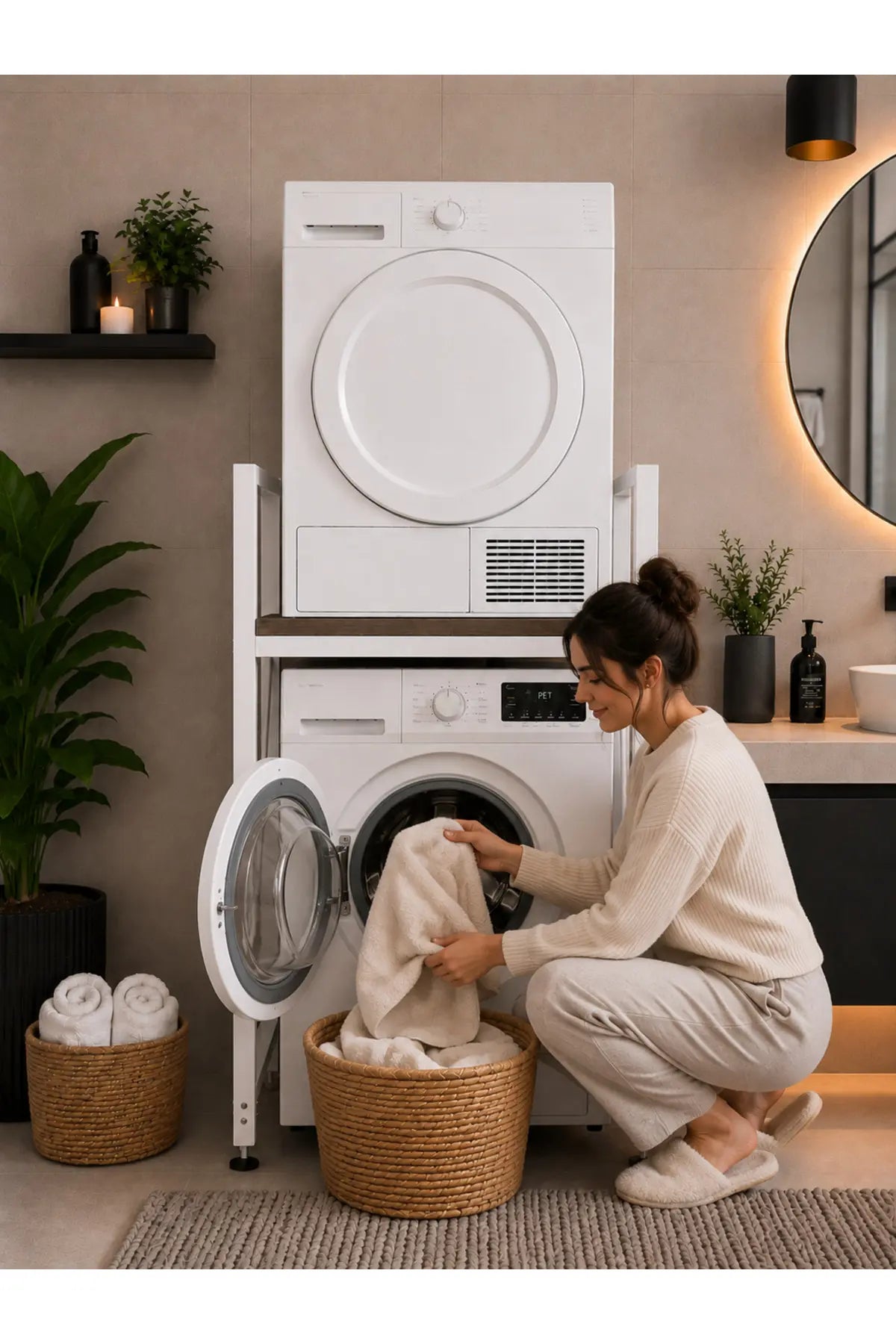 Lifos Siyah/Beyaz Raflı Çamaşır Makinesi Dolabı Kurutma Makinesi Dolabı Metal Banyo Dolabı