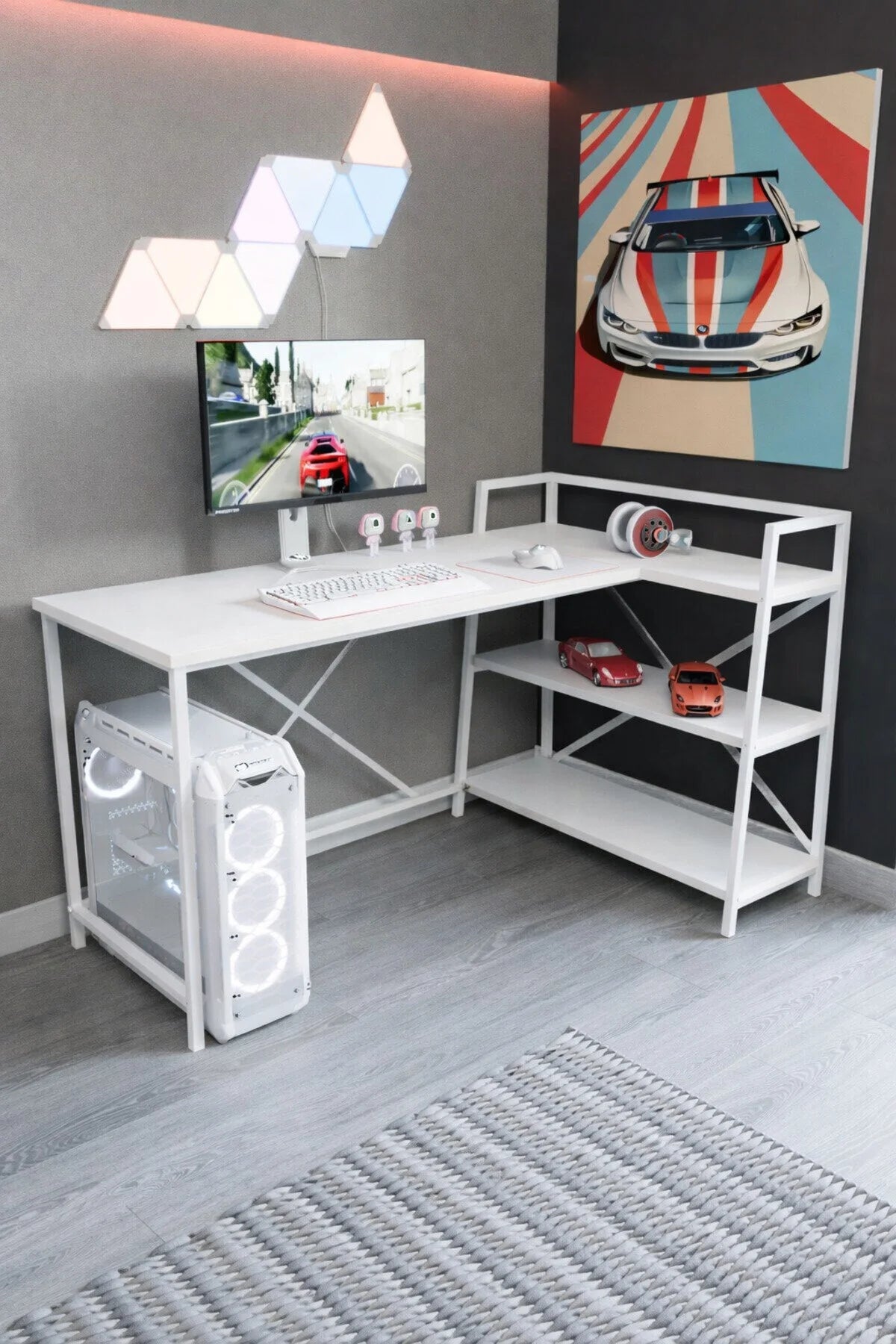 Flinder Flinder Beyaz Çift Yön Kullanıma Uygun, Raflı Gaming Oyuncu Masası Geniş Kullanım Alanlı, Bilgisayar Masası