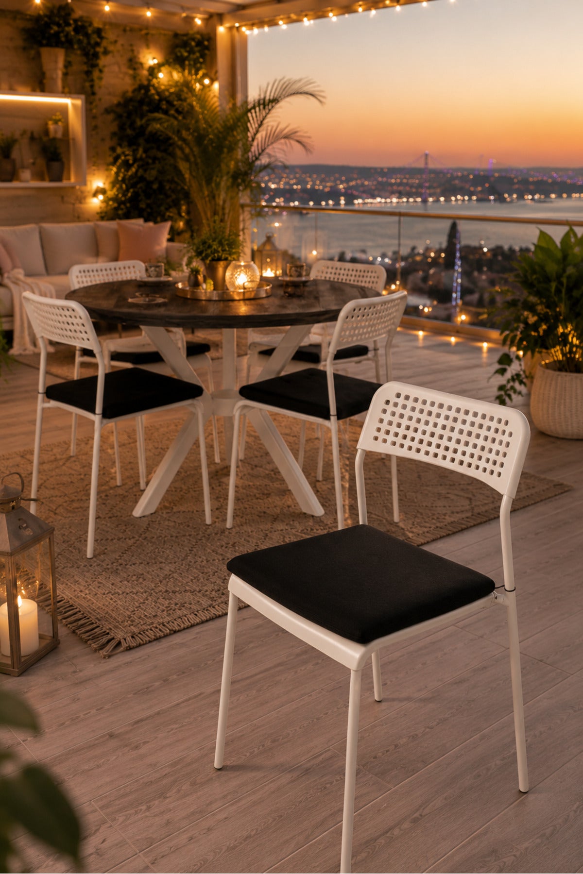 Siyah 4 Kişilik Minderli Bahçe Balkon Takımı, Bahçe Takımı, Bahçe Mobilyası, Yuvarlak Masa, Yemek Masası, Mutfak Masa Sandalye Takımı, 4 Sandalye 1 Masa