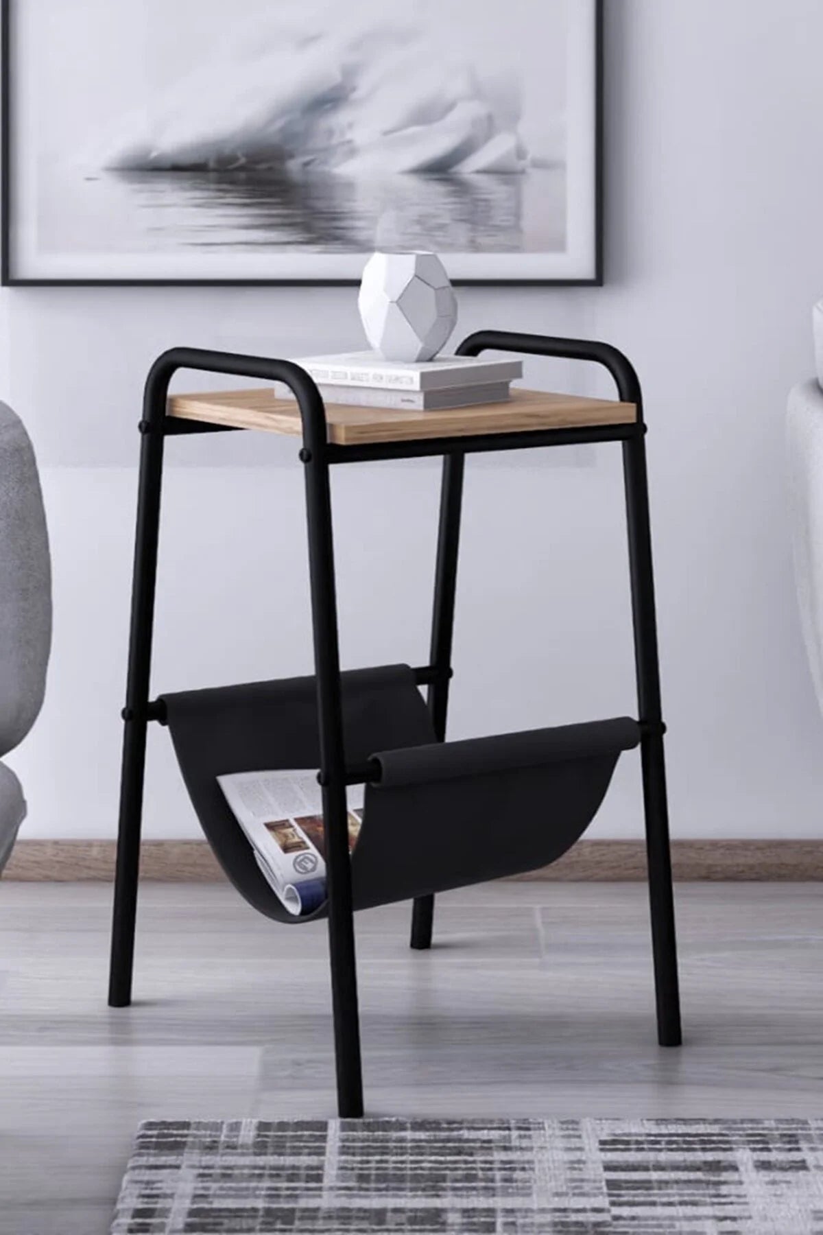 Flinder Flinder Metal Ayaklı, Çam Renginde Yan Sehpa, Komodin, Dergilik, Zigon, Koltuk Yanı