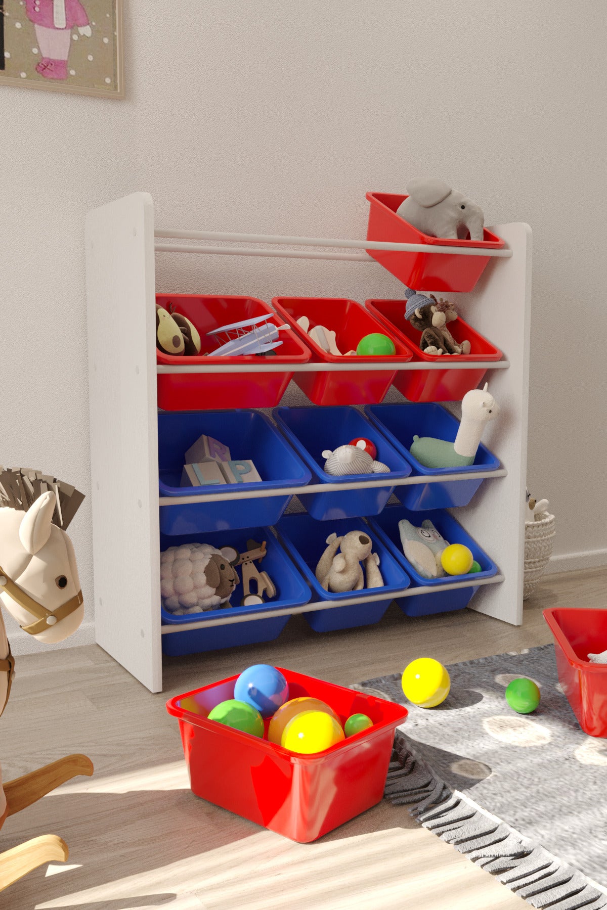 12 Sepetli Kırmızı ve Mavi Oyuncak Dolabı, Çok Amaçlı Dolap, Montessori Dolap
