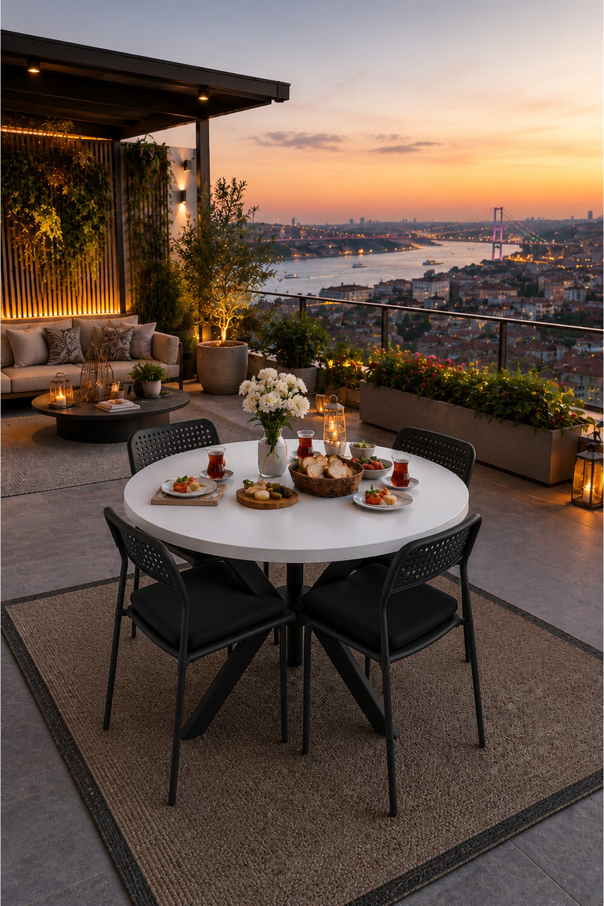Beyaz 4 Kişilik Minderli Balkon Takımı, Balkon Masası, Balkon Sandalyesi, Yuvarlak Masa, Yemek Masası, Mutfak Masa Sandalye Takımı, 4 Sandalye 1 Masa