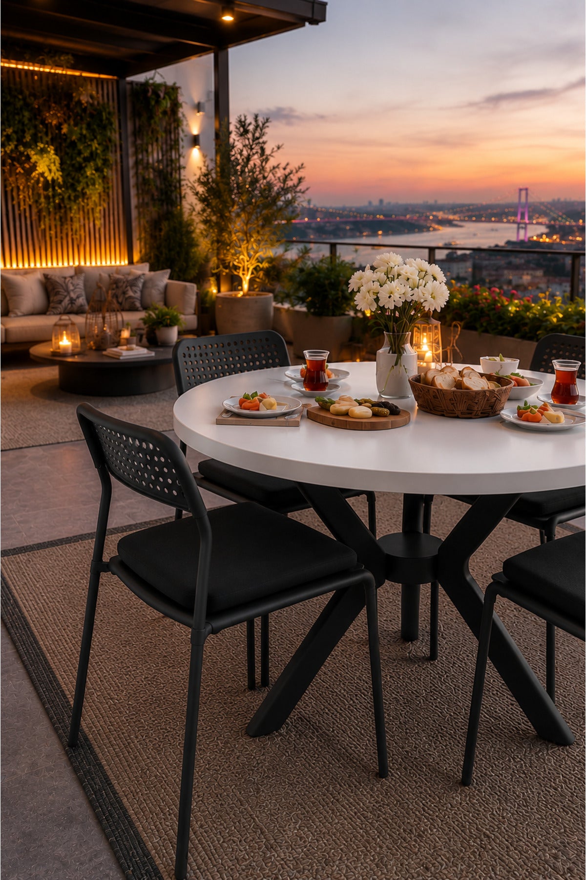 Beyaz 4 Kişilik Minderli Balkon Takımı, Balkon Masası, Balkon Sandalyesi, Yuvarlak Masa, Yemek Masası, Mutfak Masa Sandalye Takımı, 4 Sandalye 1 Masa