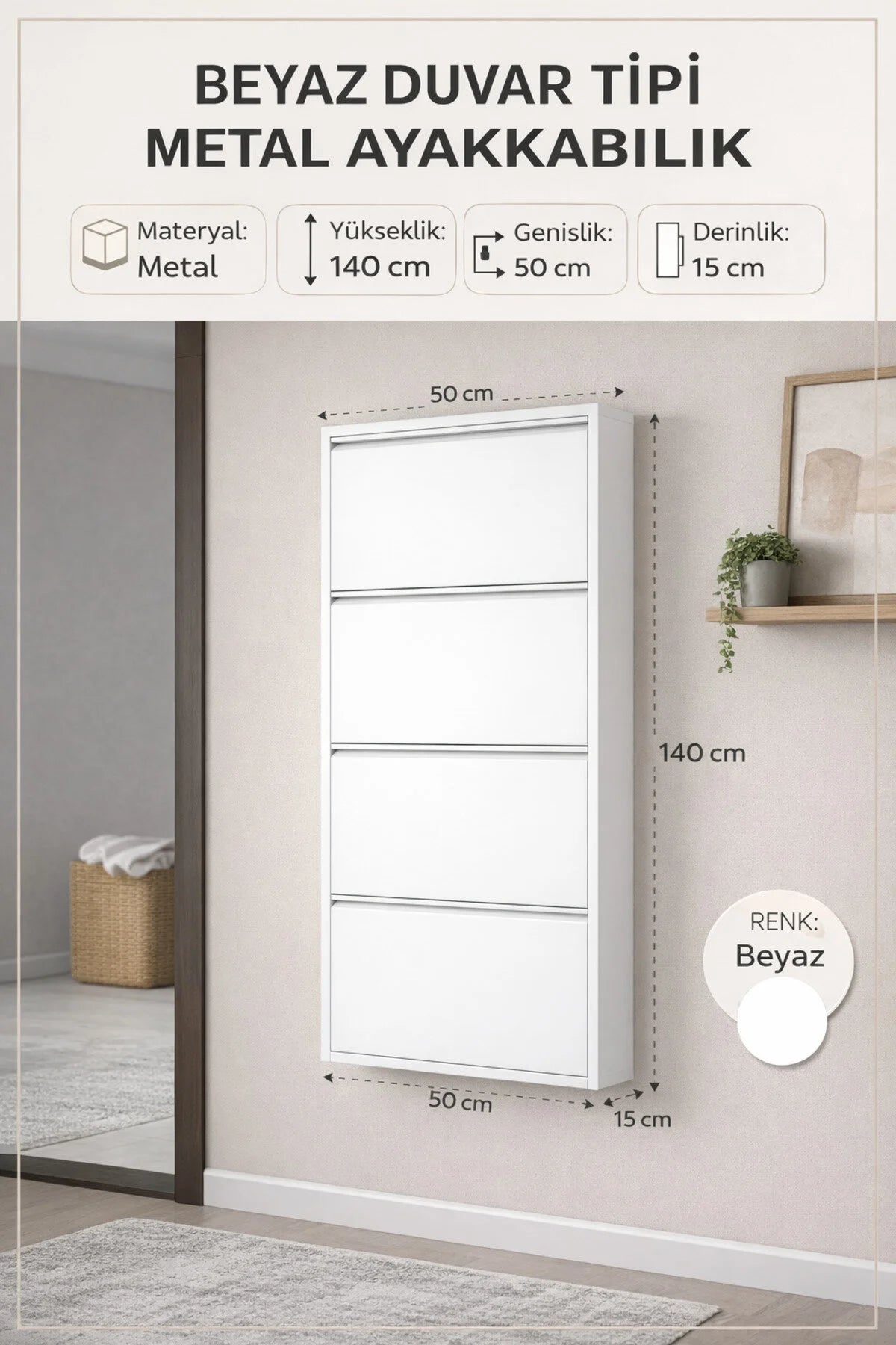 Flinder Metal 4 Kapaklı Beyaz Ayakkabılık, (KURULUM GEREKTİRMEZ), 8 Çift Ayakkabı Kapasiteli