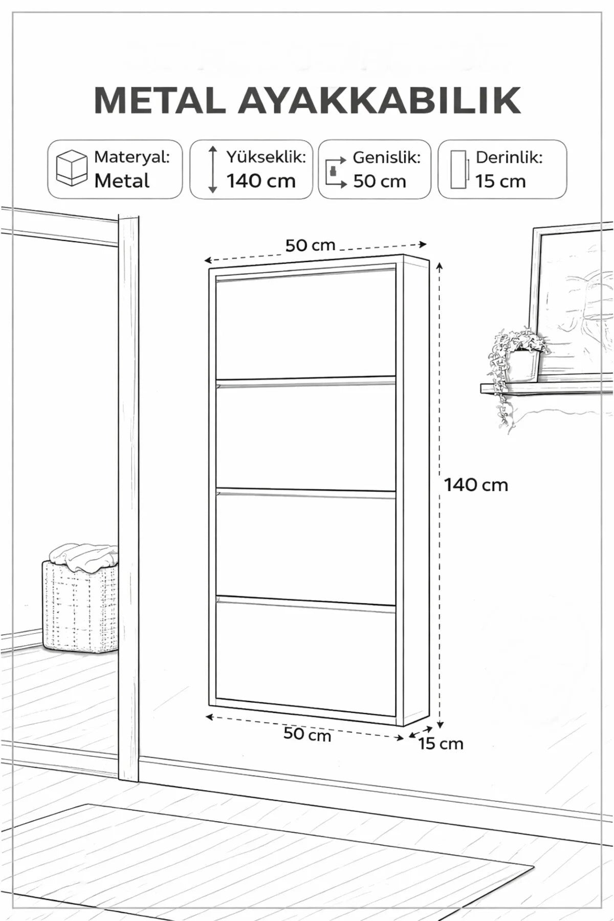 Flinder Metal 4 Kapaklı Antrasit Ayakkabılık, (KURULUM GEREKTİRMEZ), 8 Çift Ayakkabı Kapasiteli