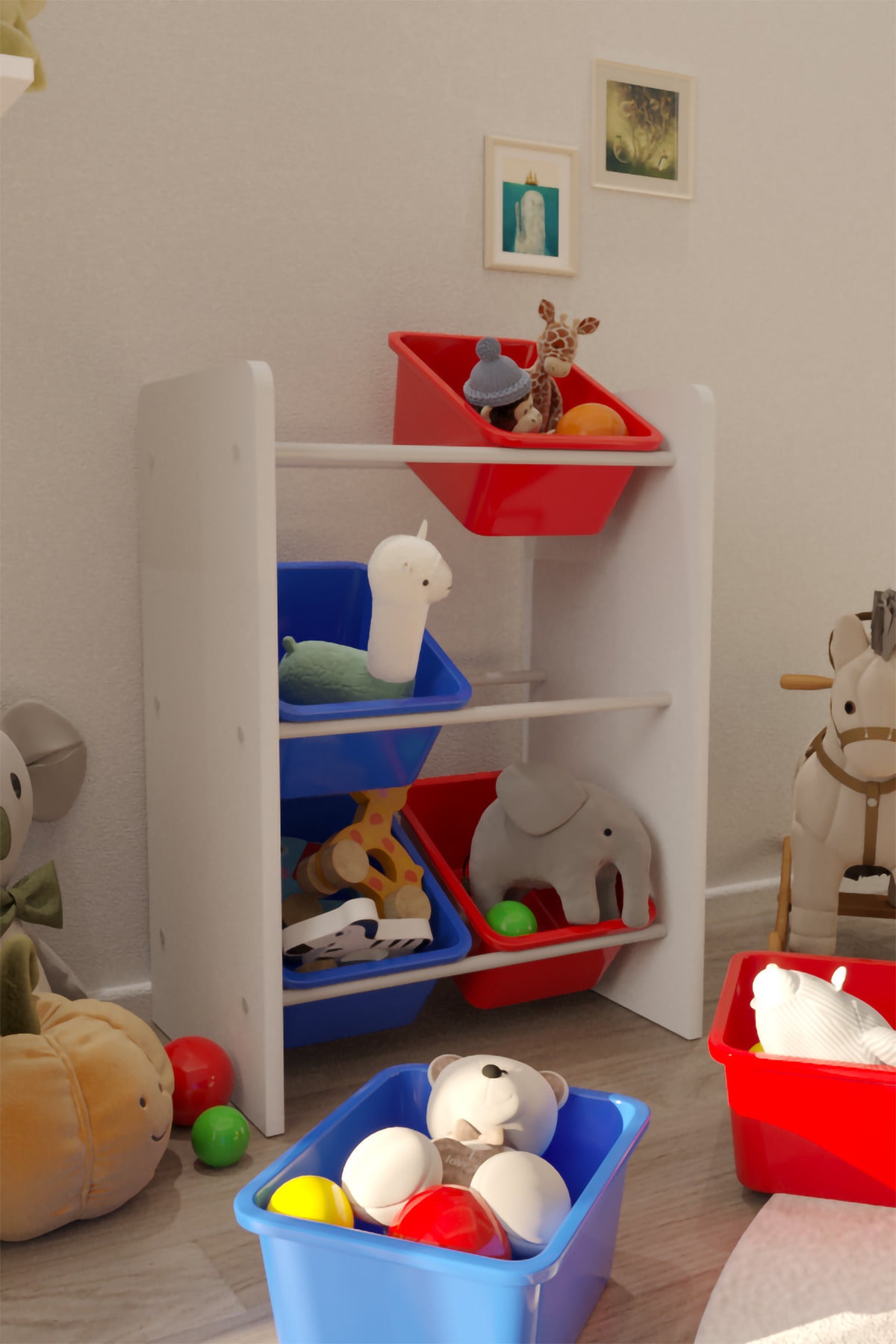 6 Sepetli Mavi ve Kırmızılı Oyuncak Dolabı, Çok Amaçlı Dolap, Montessori Dolap