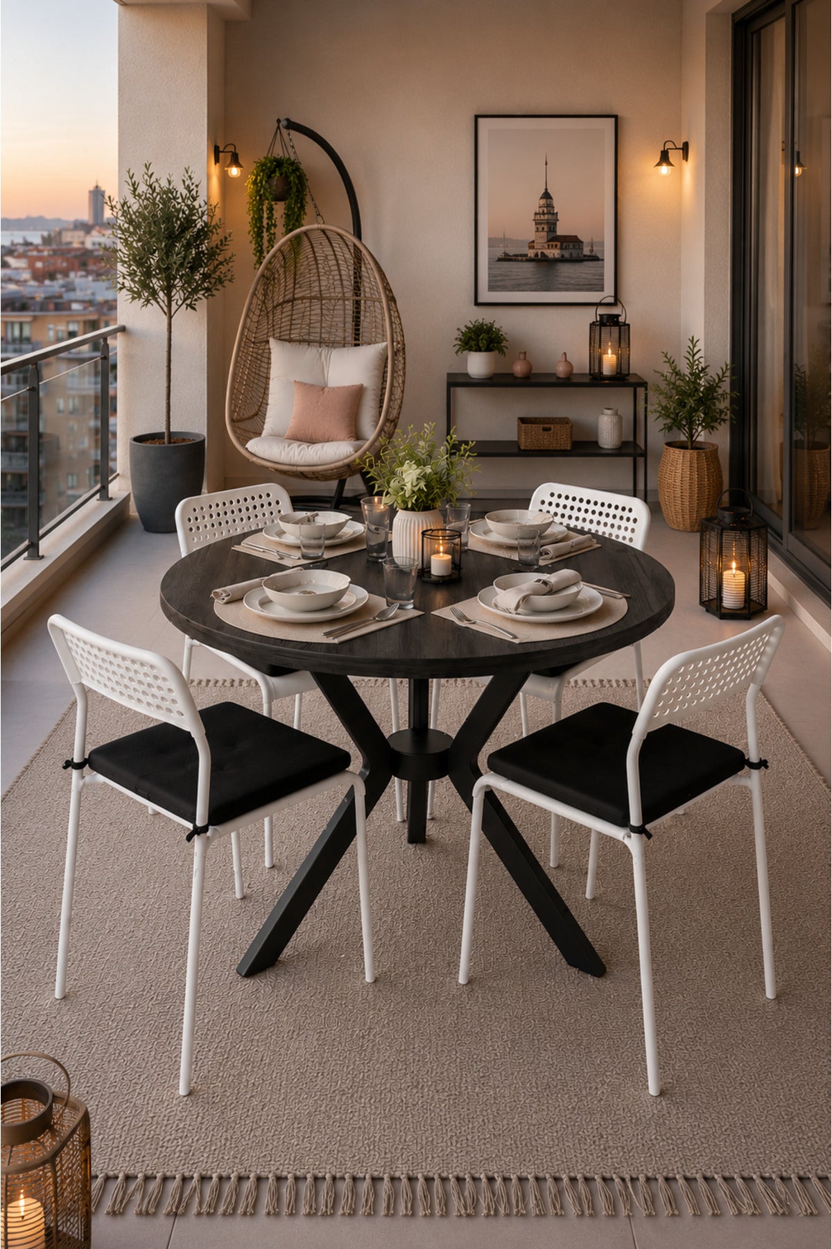 Siyah 4 Kişilik Minderli Balkon Takımı, Balkon Masası, Balkon Sandalyesi, Yuvarlak Masa, Yemek Masası, Mutfak Masa Sandalye Takımı, 4 Sandalye 1 Masa