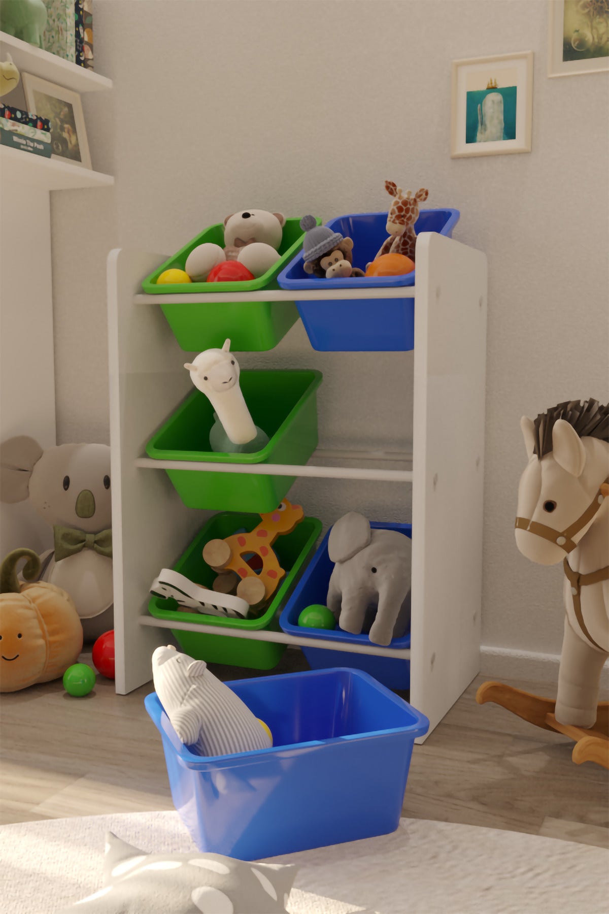 6 Sepetli Yeşil ve Mavi Oyuncak Dolabı, Çok Amaçlı Dolap, Montessori Dolap