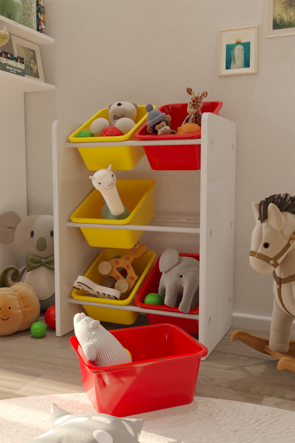 6 Sepetli Sarı ve Kırmızı Oyuncak Dolabı, Çok Amaçlı Dolap, Montessori Dolap