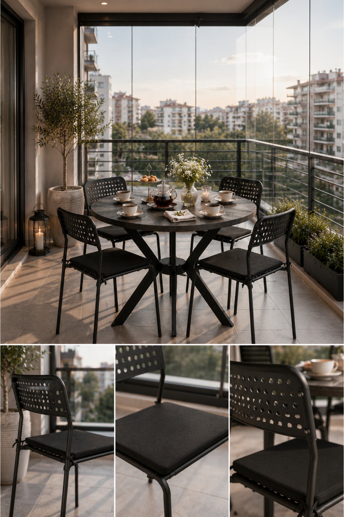 Siyah 4 Kişilik Minderli Balkon Takımı, Balkon Masası, Balkon Sandalyesi, Yuvarlak Masa, Yemek Masası, Mutfak Masa Sandalye Takımı, 4 Sandalye 1 Masa