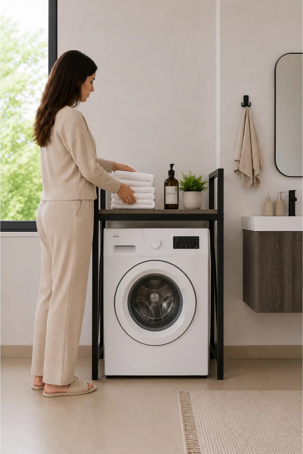 Lifos Siyah Raflı Çamaşır Makinesi Dolabı Kurutma Makinesi Dolabı Metal Banyo Dolabı