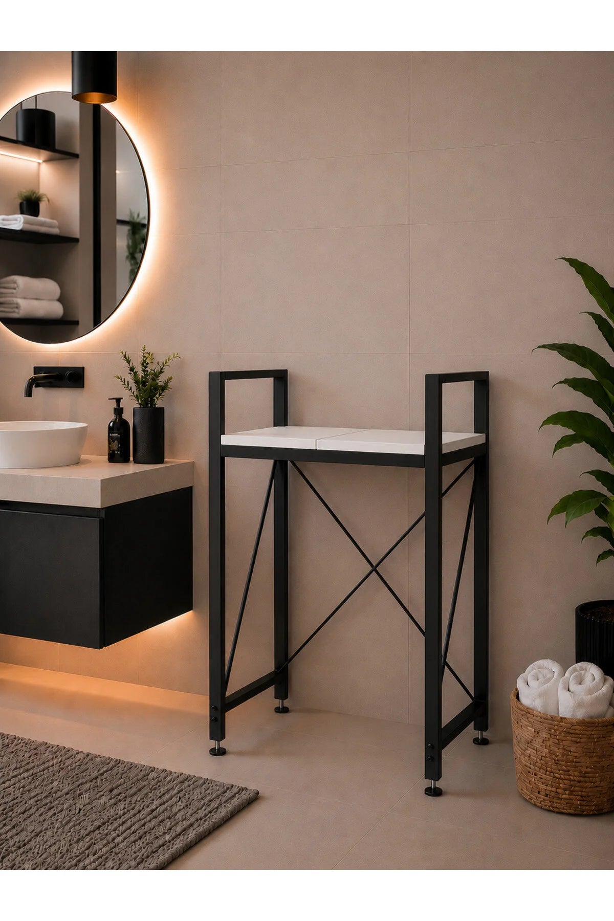 Lifos Beyaz/Siyah Raflı Çamaşır Makinesi Dolabı Kurutma Makinesi Dolabı Metal Banyo Dolabı
