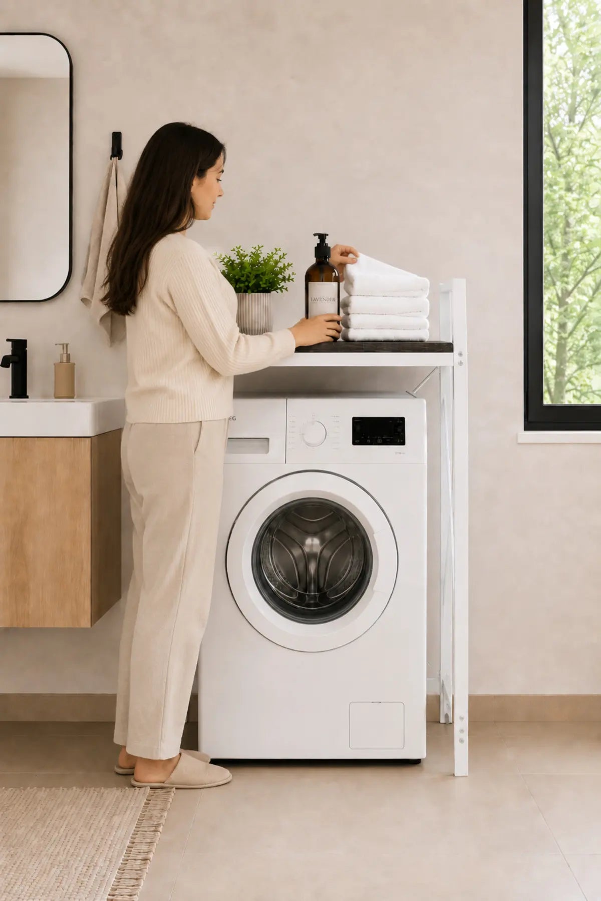 Lifos Siyah/Beyaz Raflı Çamaşır Makinesi Dolabı Kurutma Makinesi Dolabı Metal Banyo Dolabı