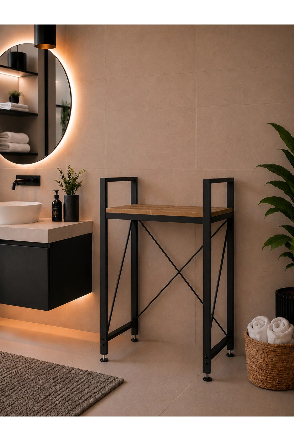 Lifos Çam/Siyah Raflı Çamaşır Makinesi Dolabı Kurutma Makinesi Dolabı Metal Banyo Dolabı