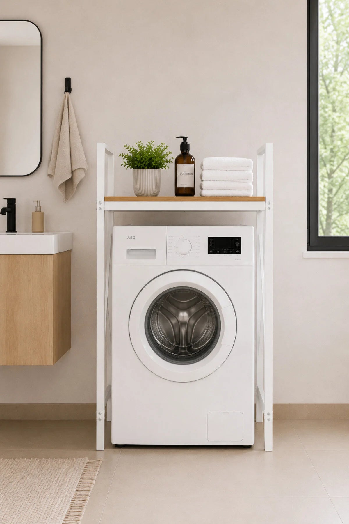 Lifos Çam/Beyaz Raflı Çamaşır Makinesi Dolabı Kurutma Makinesi Dolabı Metal Banyo Dolabı