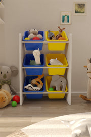 6 Sepetli Mavi ve Sarı Oyuncak Dolabı, Çok Amaçlı Dolap, Montessori Dolap