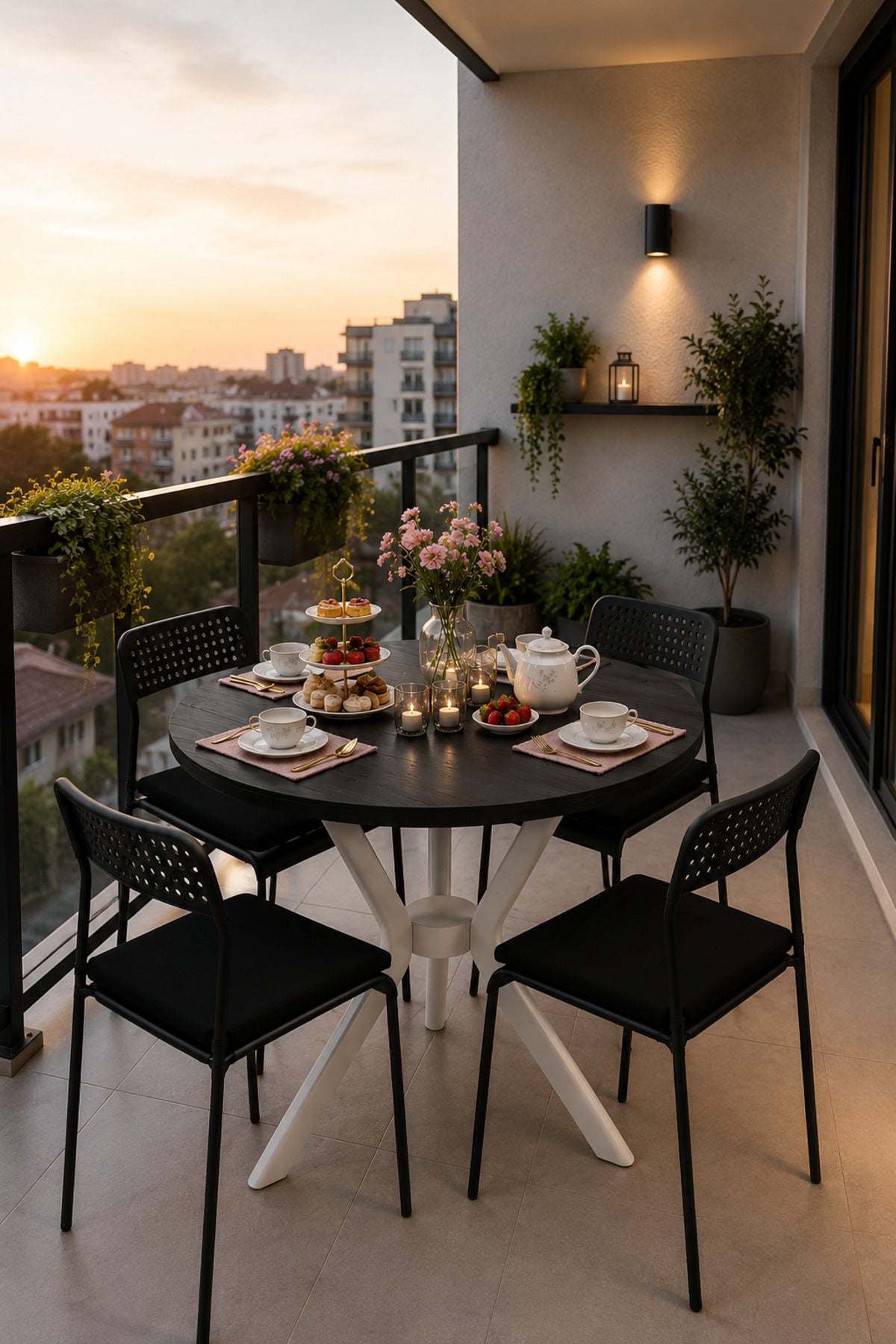 Siyah 4 Kişilik Minderli Balkon Takımı, Balkon Masası, Balkon Sandalyesi, Yuvarlak Masa, Yemek Masası, Mutfak Masa Sandalye Takımı, 4 Sandalye 1 Ma
