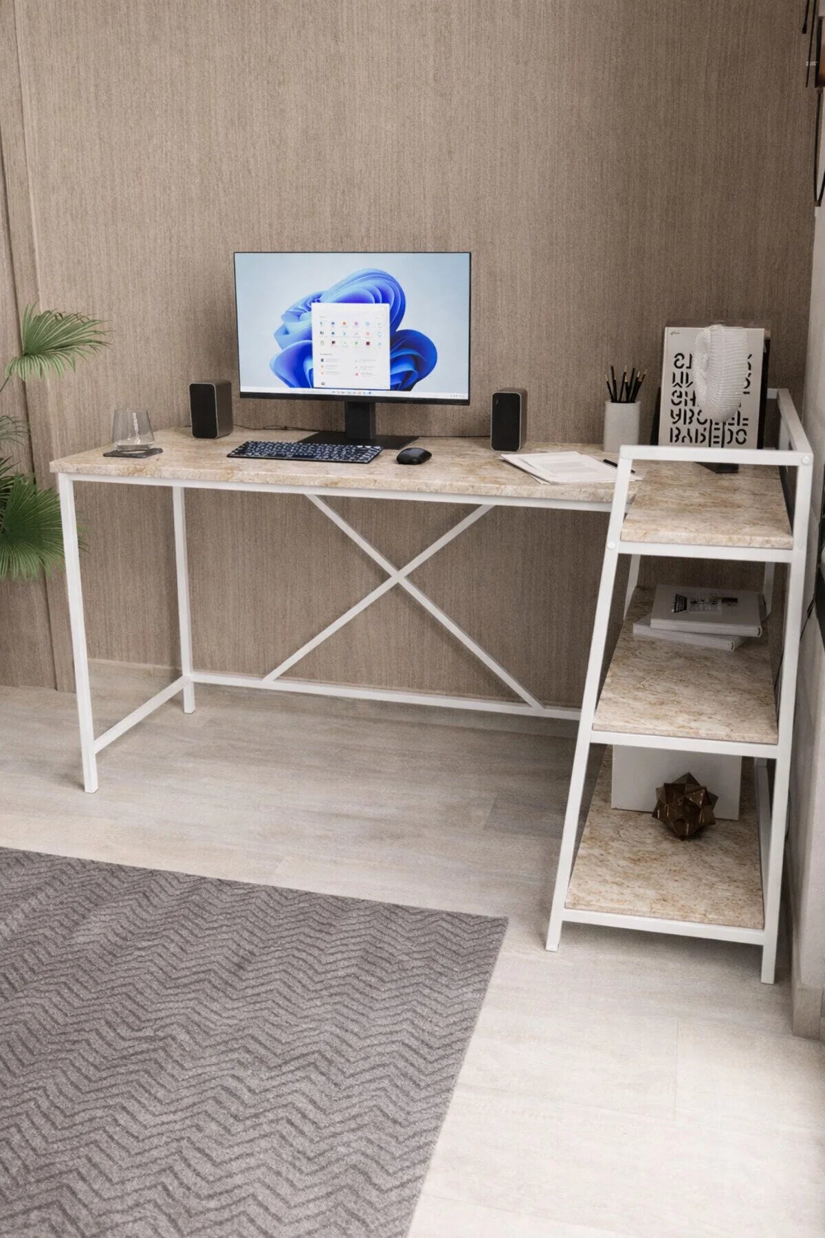 Flinder Merkür Renk Raflı Çift Yöne Uygun, Bilgisayar Masası, Ofis Masası, Çizim Masası, L masa
