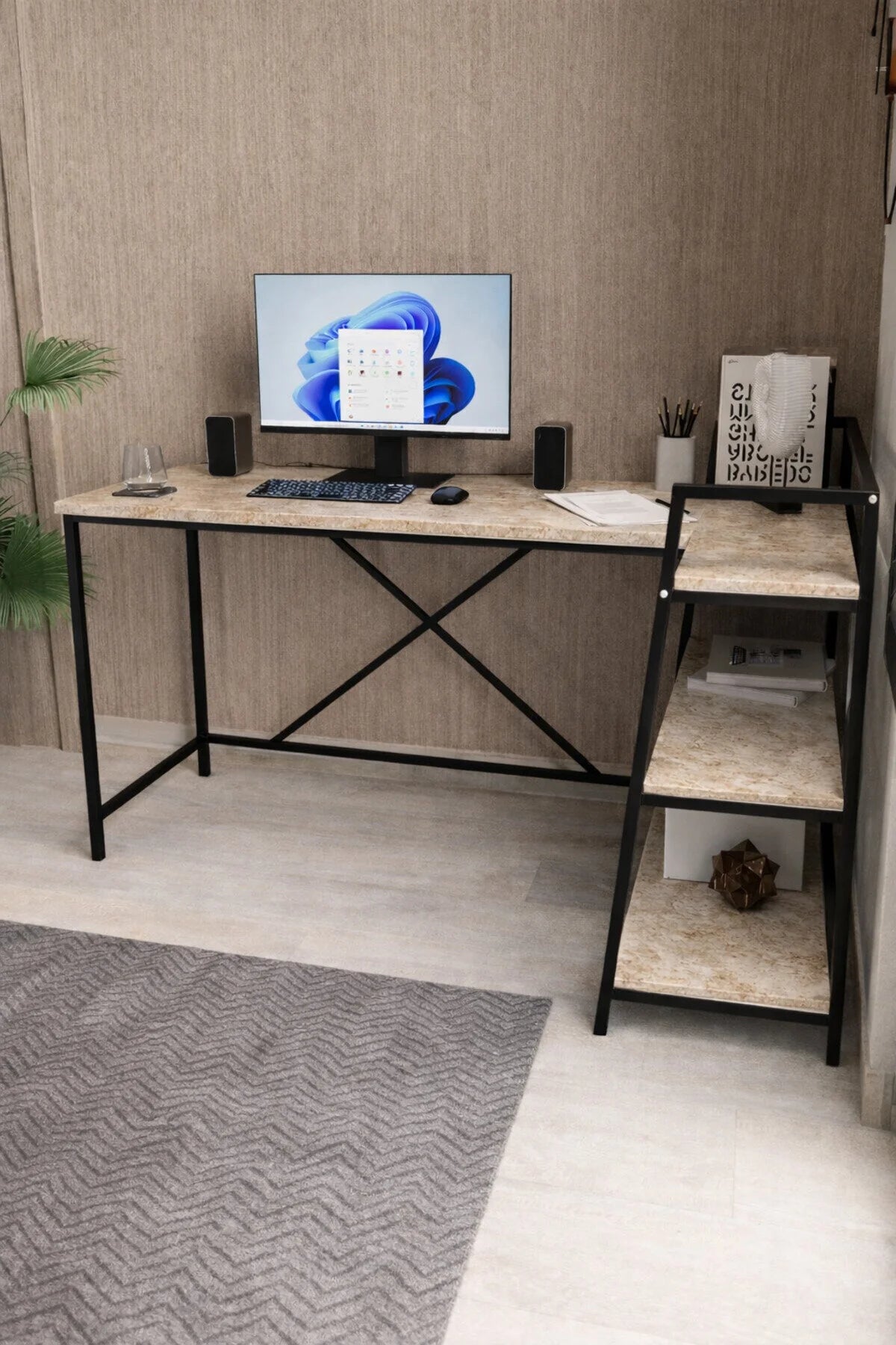 Flinder Merkür Renk Raflı Çift Yöne Uygun, Bilgisayar Masası, Ofis Masası, Çizim Masası, L masa