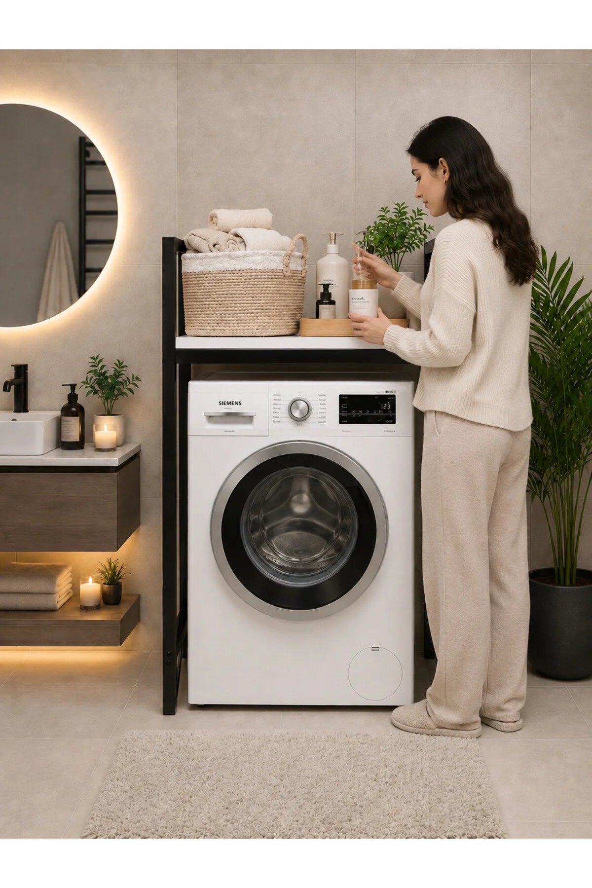 Lifos Beyaz/Siyah Raflı Çamaşır Makinesi Dolabı Kurutma Makinesi Dolabı Metal Banyo Dolabı