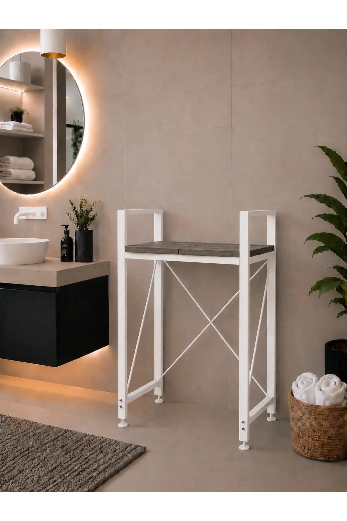 Lifos Siyah/Beyaz Raflı Çamaşır Makinesi Dolabı Kurutma Makinesi Dolabı Metal Banyo Dolabı