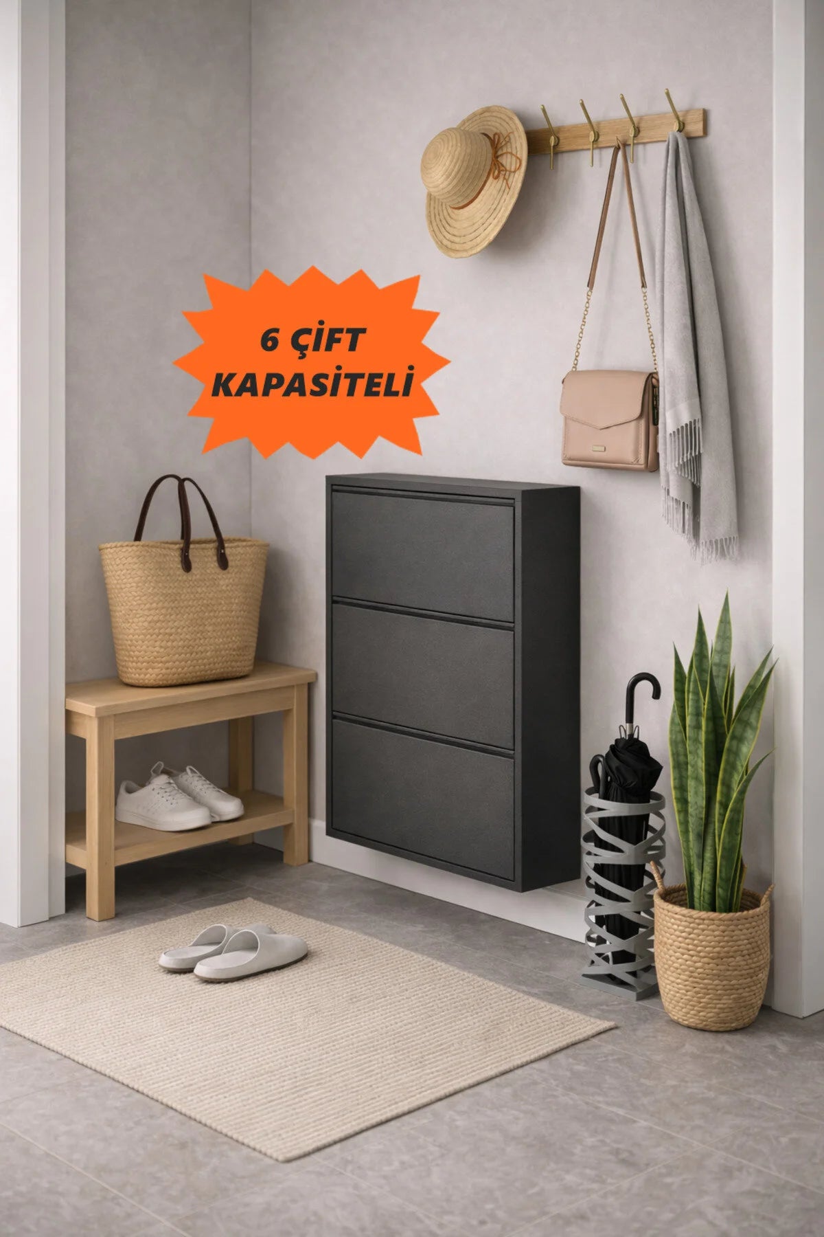 Flinder Metal 3 Kapaklı Antrasit Ayakkabılık, (KURULUM GEREKTİRMEZ), 8 Çift Ayakkabı Kapasiteli