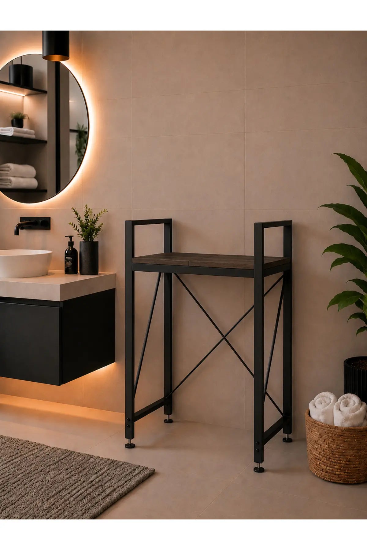 Lifos Siyah Raflı Çamaşır Makinesi Dolabı Kurutma Makinesi Dolabı Metal Banyo Dolabı