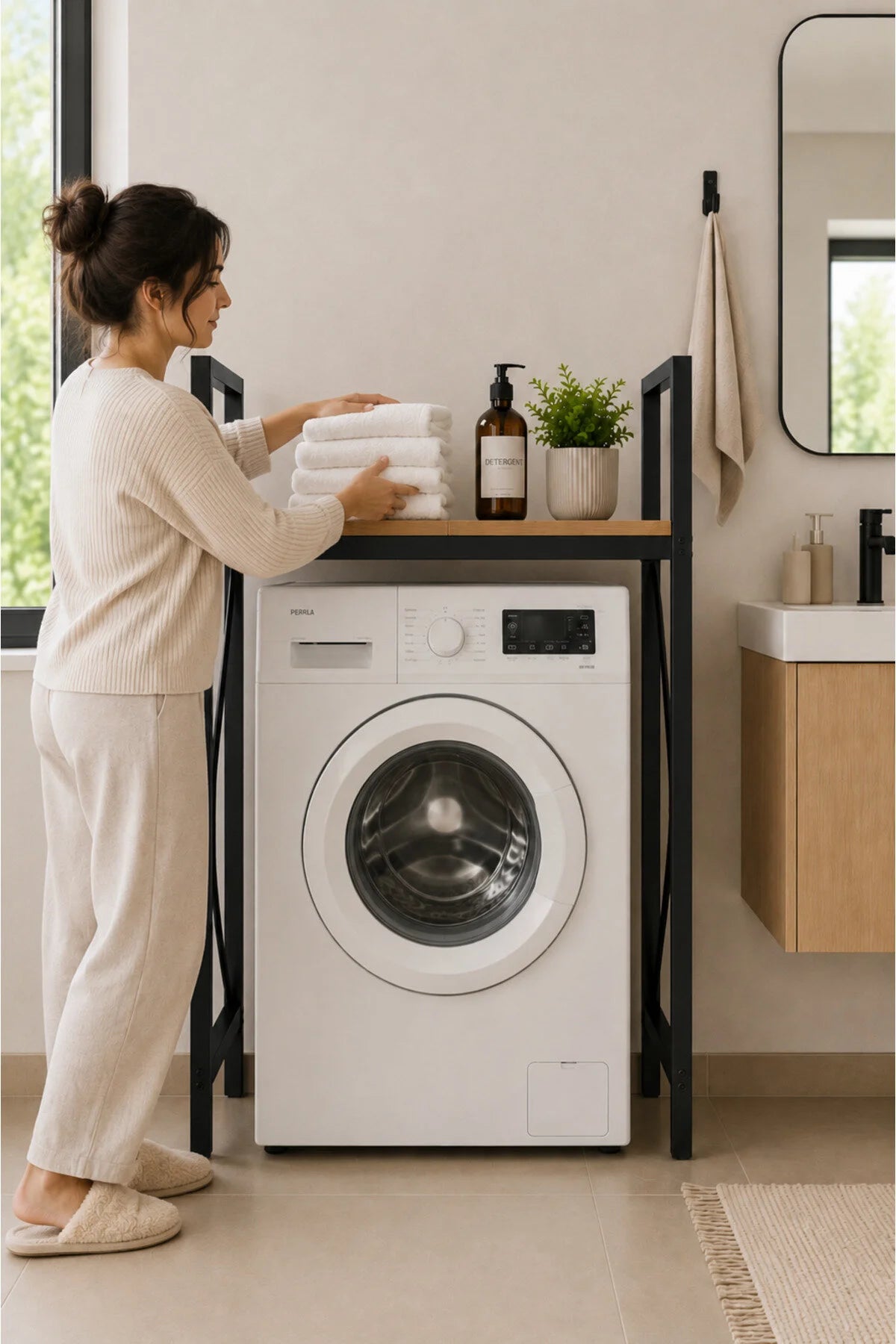 Lifos Çam/Siyah Raflı Çamaşır Makinesi Dolabı Kurutma Makinesi Dolabı Metal Banyo Dolabı