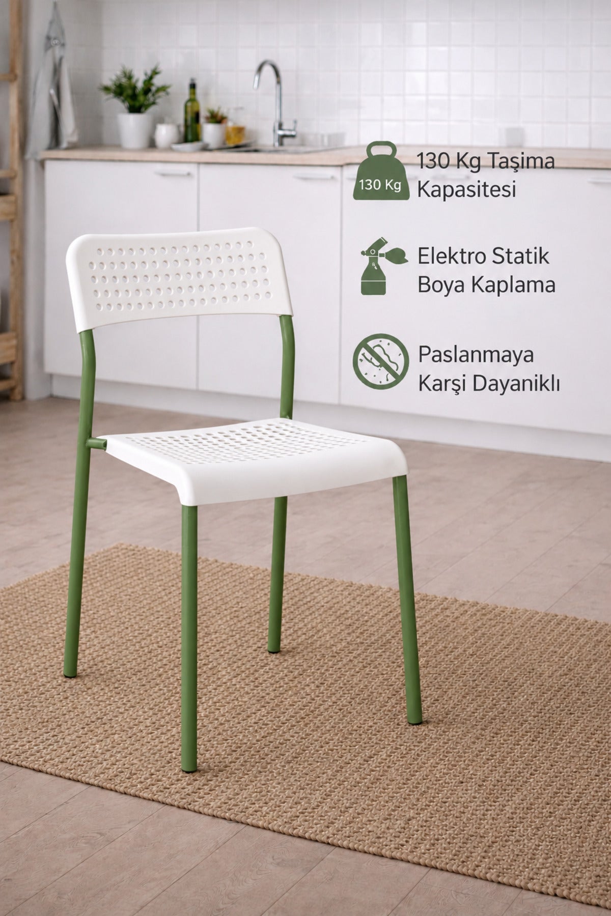 Mira Yeşil/Beyaz Sandalye Plastik Gövdeli Metal Ayaklı, Mutfak Sandalyesi, Çalışma, Bahçe, Yemek Oda