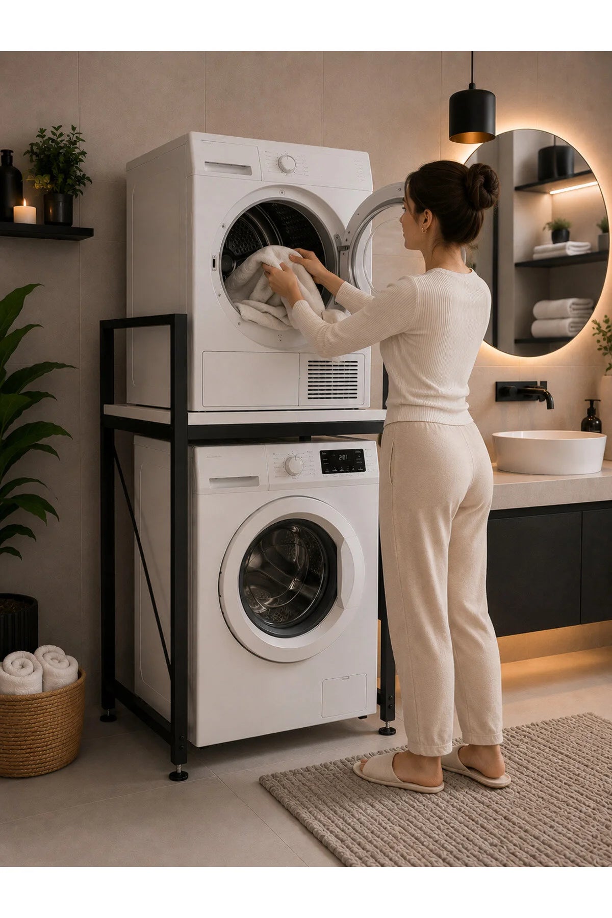 Lifos Beyaz/Siyah Raflı Çamaşır Makinesi Dolabı Kurutma Makinesi Dolabı Metal Banyo Dolabı