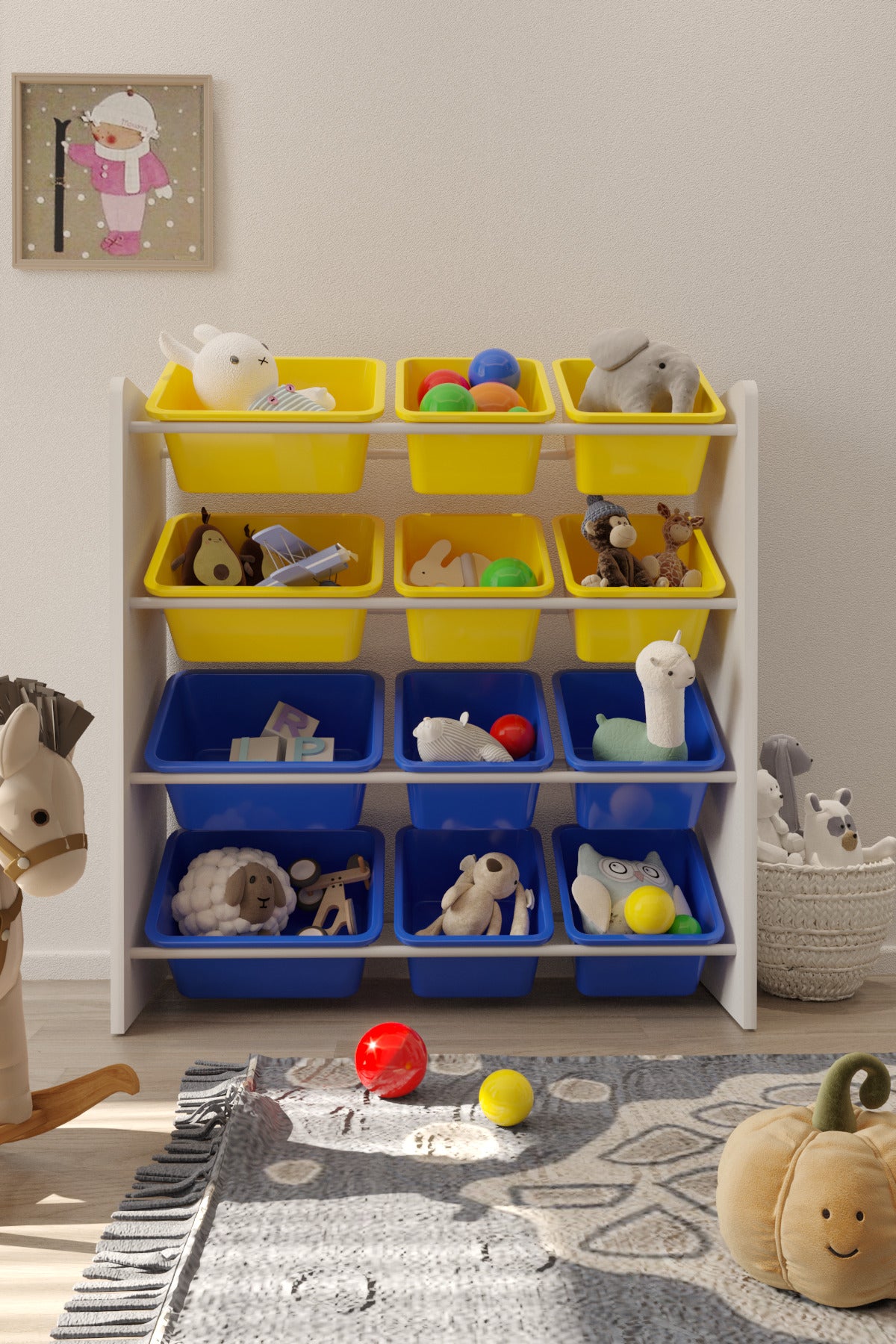 12 Sepetli Sarı ve Mavi Oyuncak Dolabı, Çok Amaçlı Dolap, Montessori Dolap