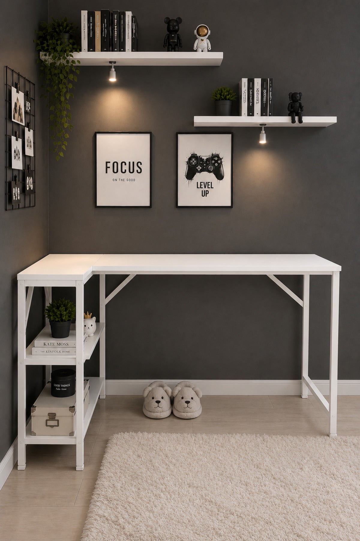 Beyaz L Masa, Kitaplıklı, Raflı, 120 Cm Çalışma Masası, Bilgisayar, Pc, Oyuncu, Gaming Masası Metal Ayaklı
