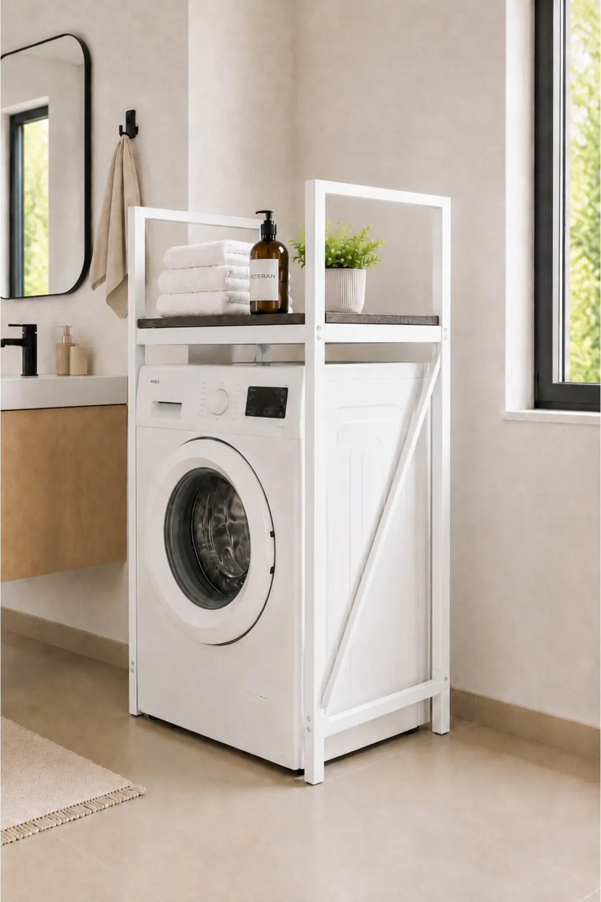 Lifos Siyah/Beyaz Raflı Çamaşır Makinesi Dolabı Kurutma Makinesi Dolabı Metal Banyo Dolabı