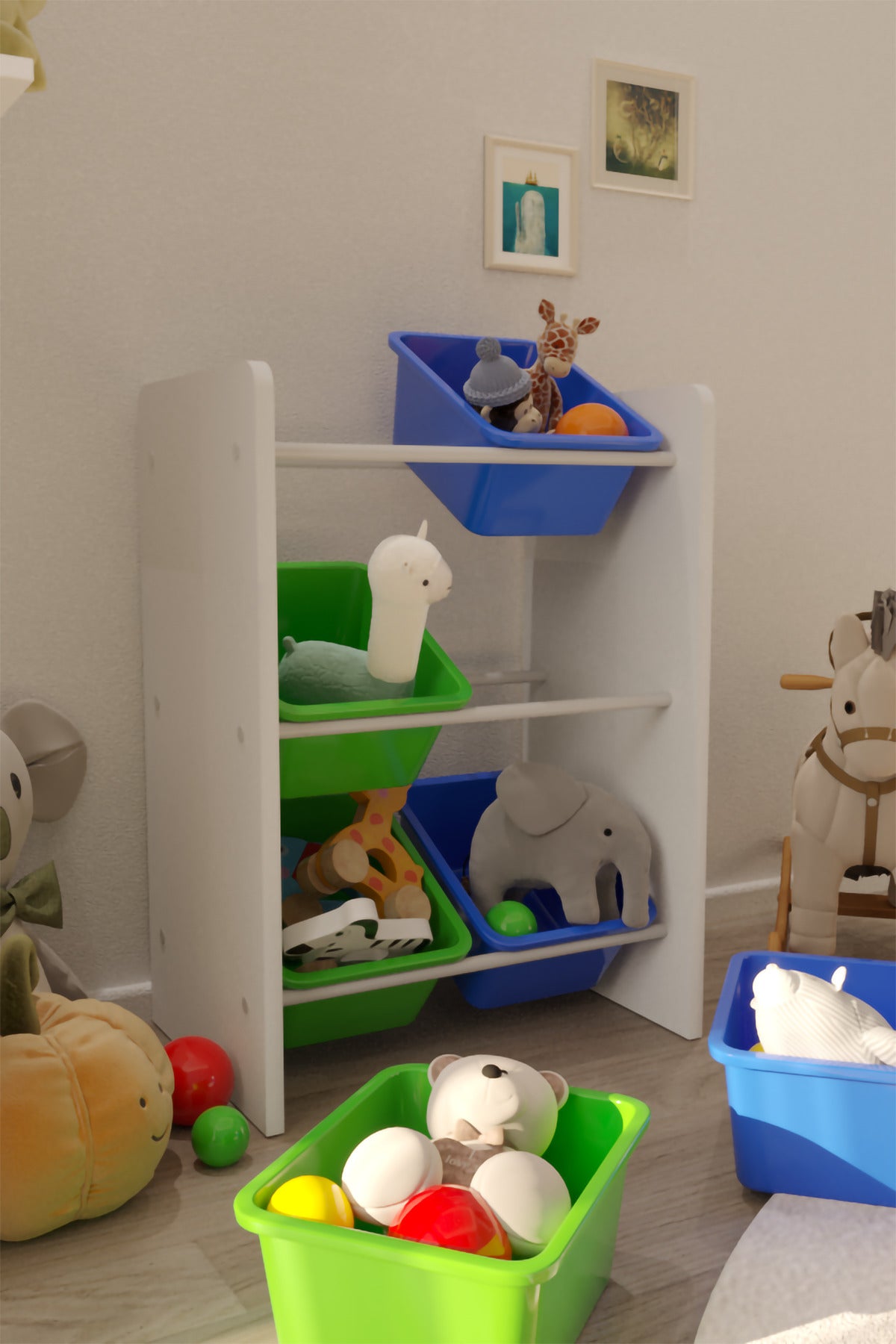 6 Sepetli Yeşil ve Mavi Oyuncak Dolabı, Çok Amaçlı Dolap, Montessori Dolap