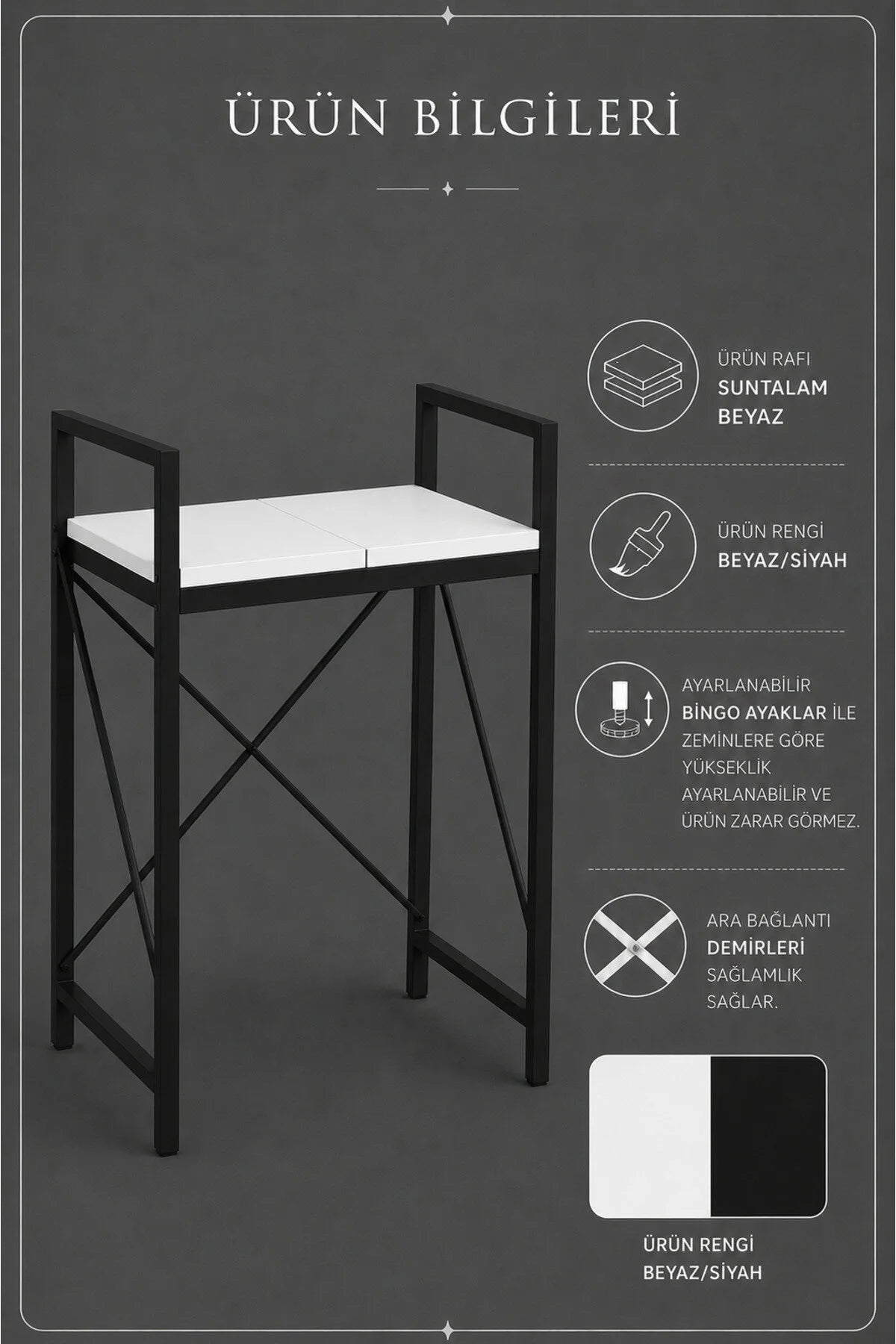 Lifos Beyaz/Siyah Raflı Çamaşır Makinesi Dolabı Kurutma Makinesi Dolabı Metal Banyo Dolabı